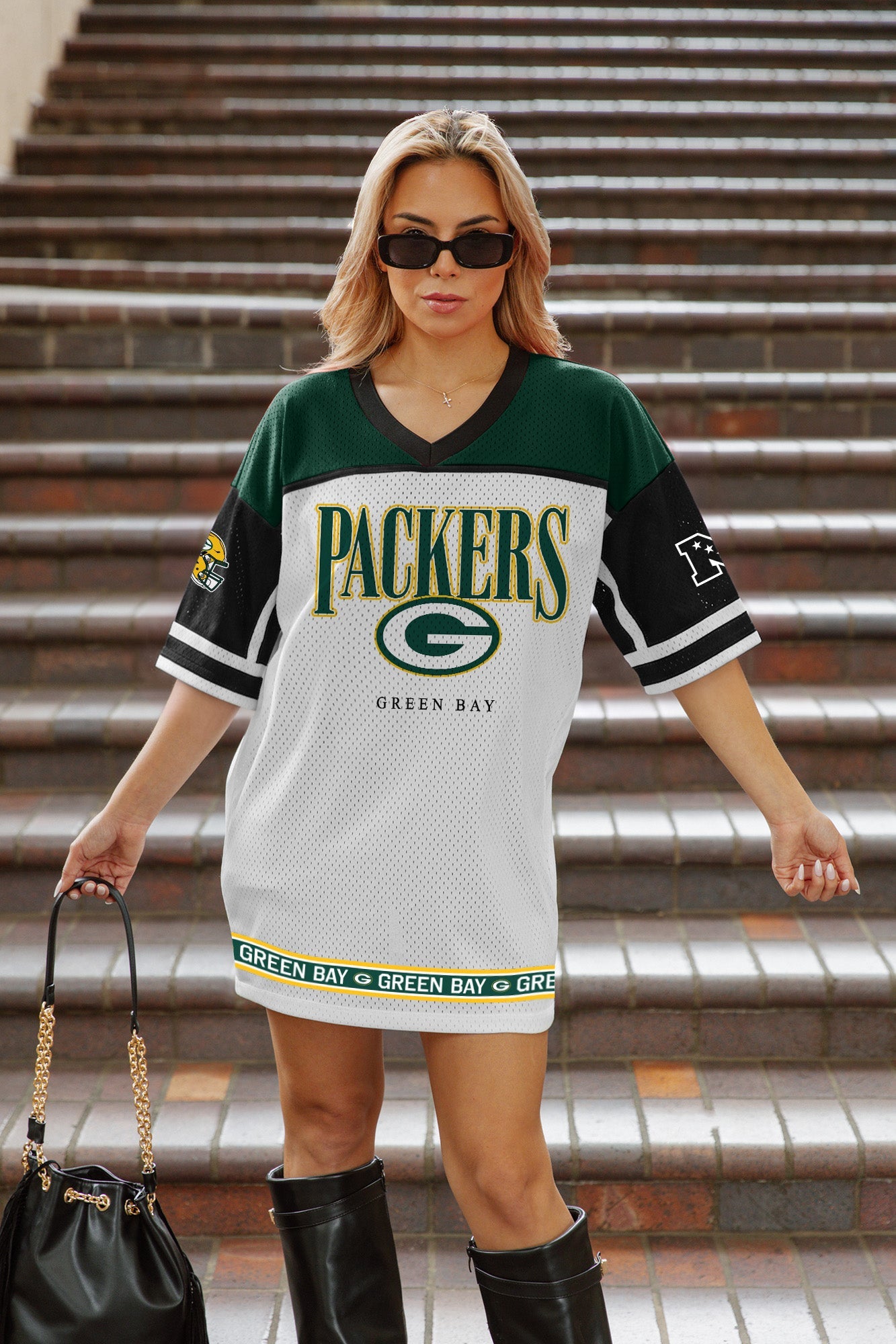 GREEN BAY PACKERS HUSTLE MODE V-NECK FASHION JERSEY DRESS