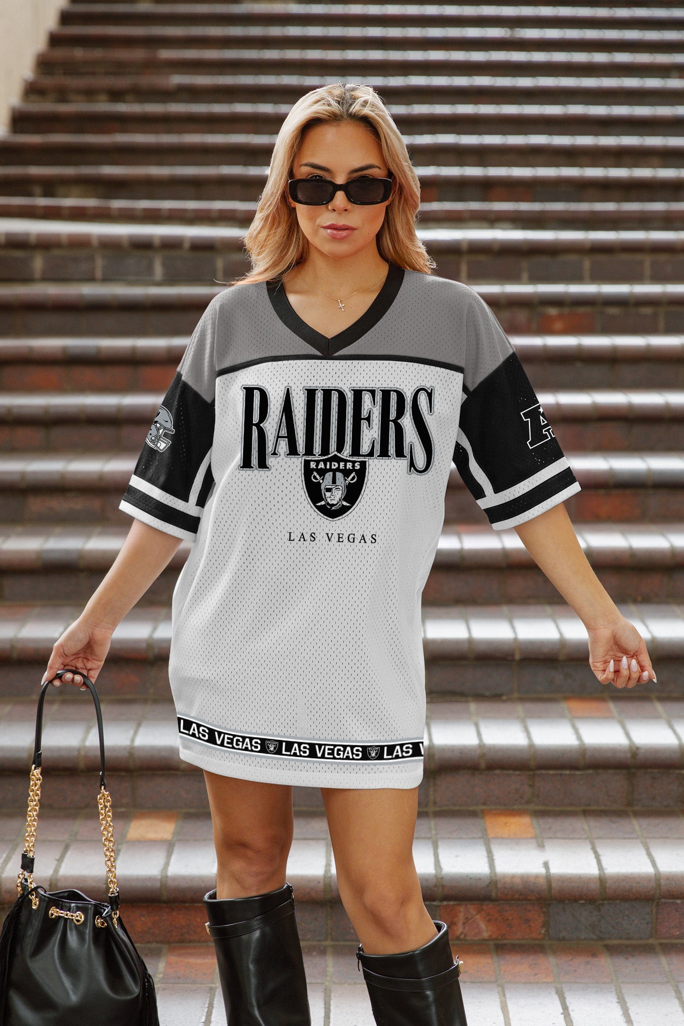 LAS VEGAS RAIDERS HUSTLE MODE V-NECK FASHION JERSEY DRESS