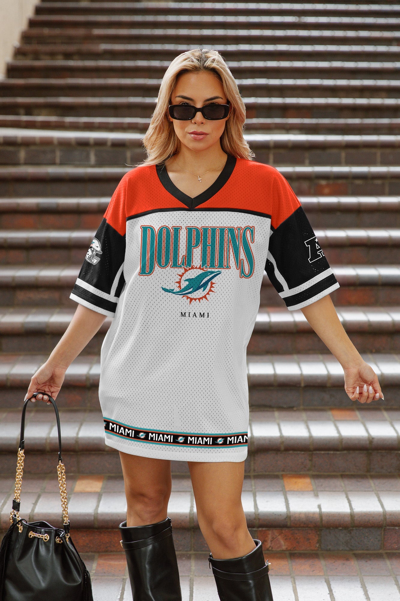 MIAMI DOLPHINS HUSTLE MODE V-NECK FASHION JERSEY DRESS