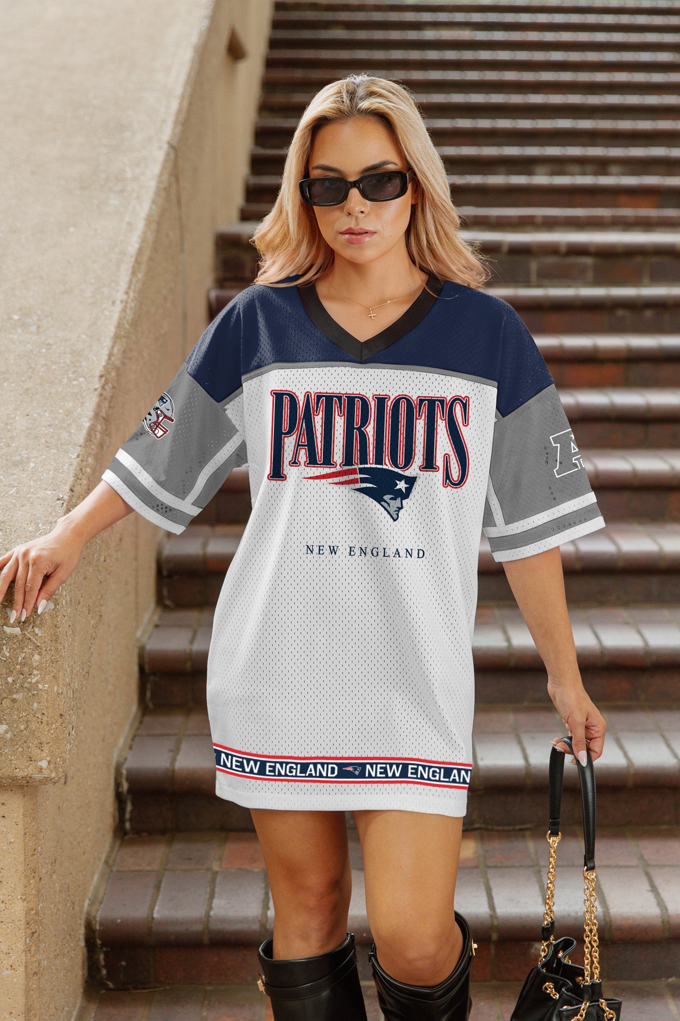 NEW ENGLAND PATRIOTS HUSTLE MODE V-NECK FASHION JERSEY DRESS