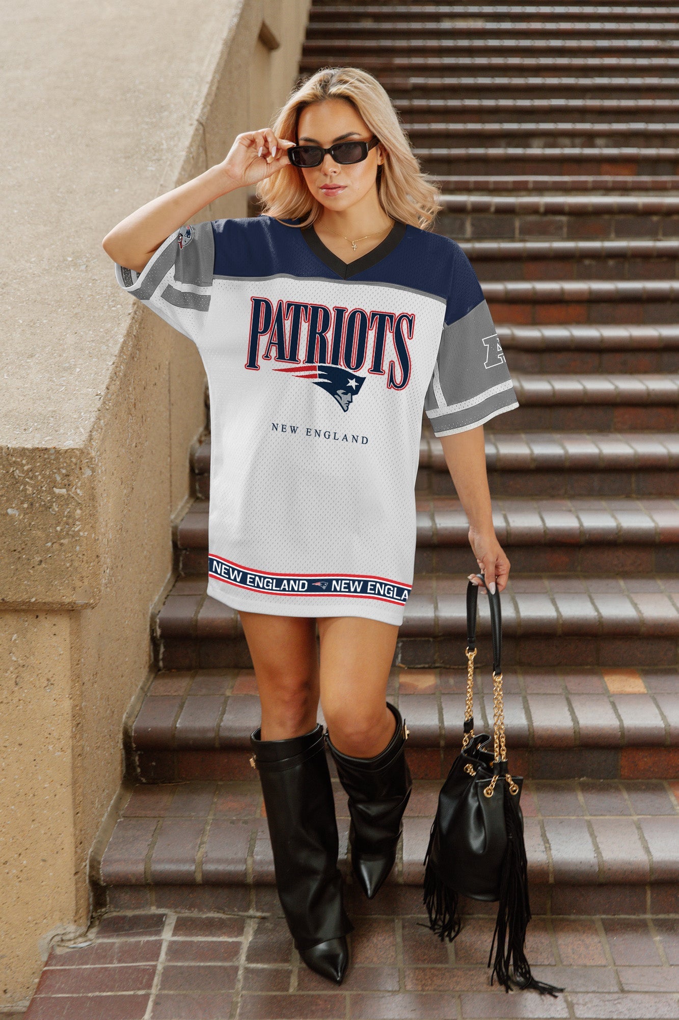 NEW ENGLAND PATRIOTS HUSTLE MODE V-NECK FASHION JERSEY DRESS