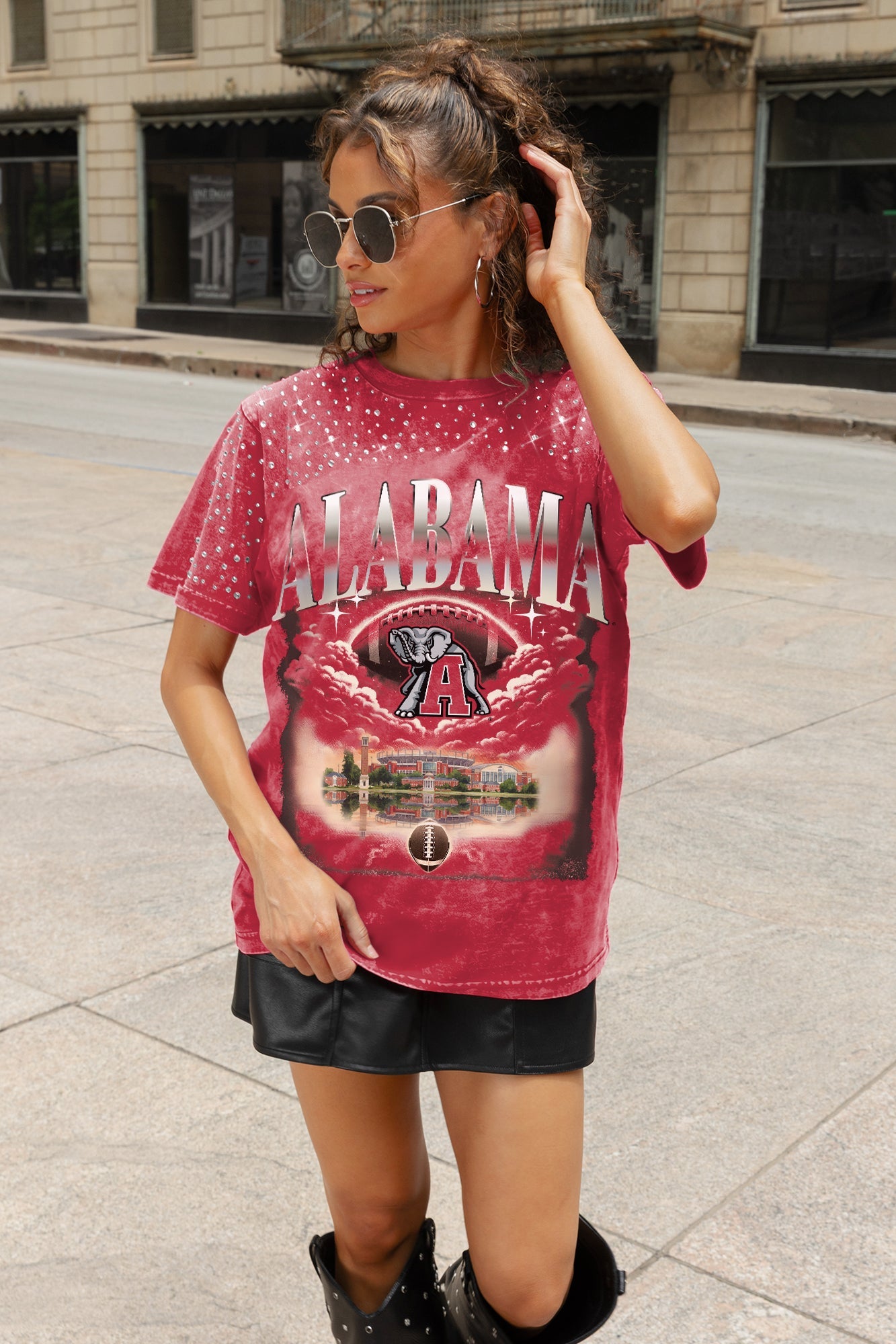 ALABAMA CRIMSON TIDE SKY'S THE LIMIT VINTAGE WASH RHINESTONE TEE