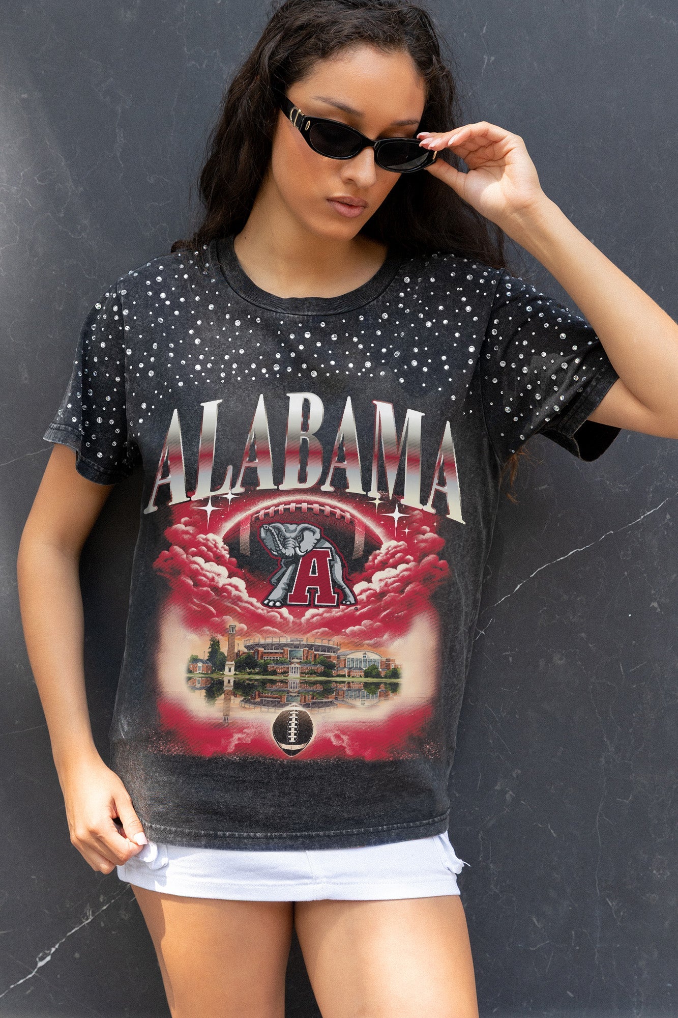 ALABAMA CRIMSON TIDE DREAM BIG VINTAGE WASH RHINESTONE TEE