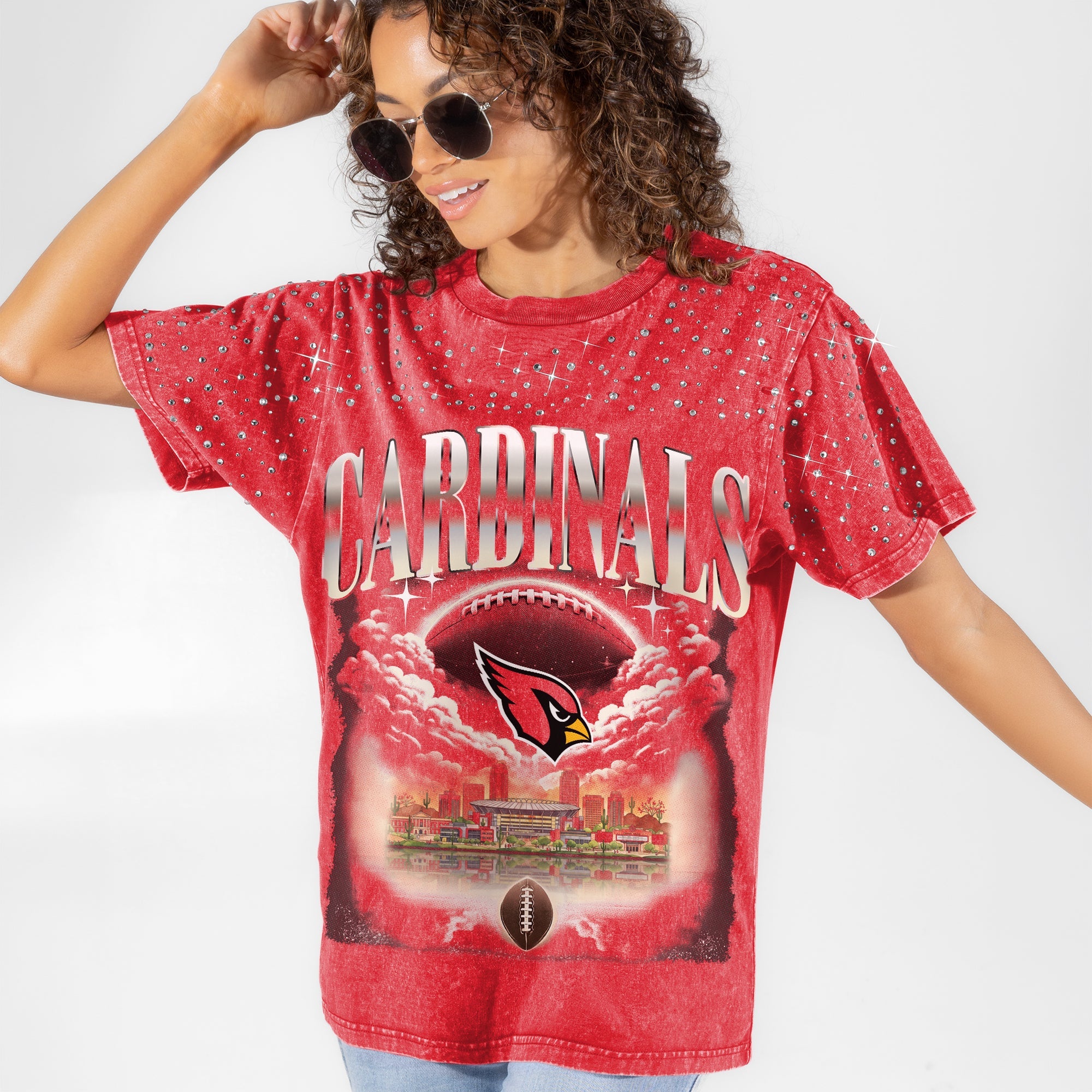 ARIZONA CARDINALS SKY'S THE LIMIT VINTAGE WASH RHINESTONE TEE