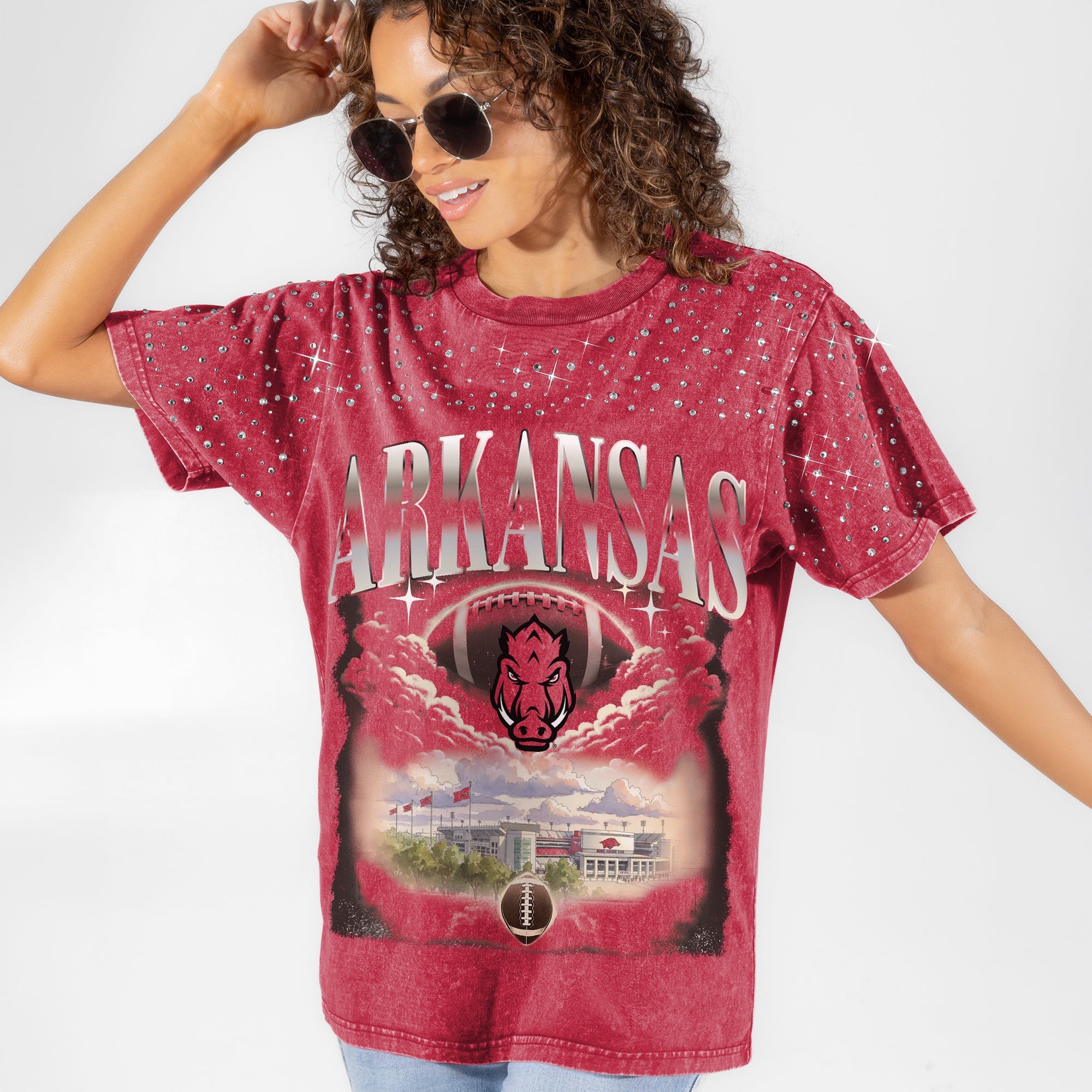 ARKANSAS RAZORBACKS SKY'S THE LIMIT VINTAGE WASH RHINESTONE TEE