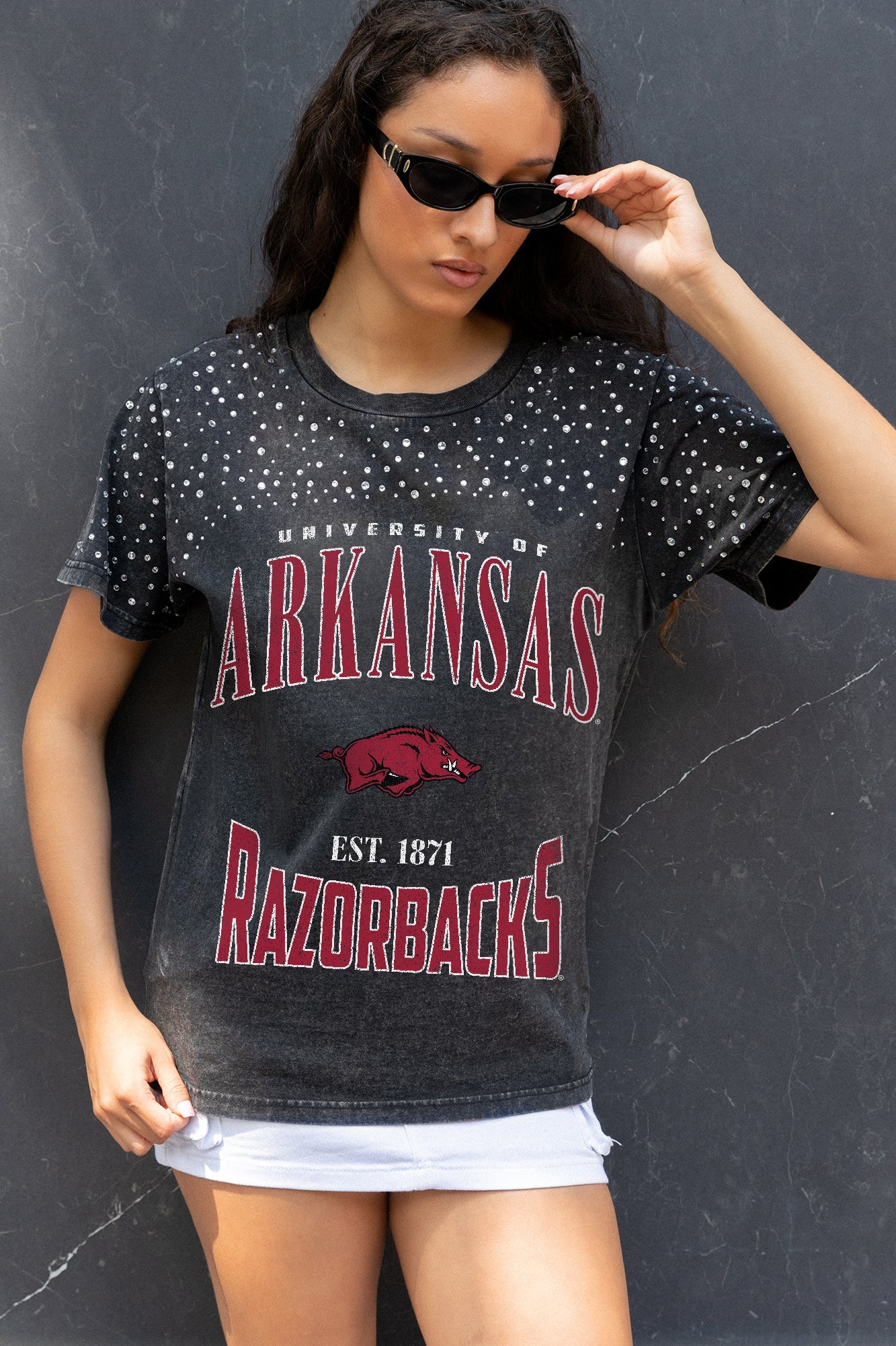 ARKANSAS RAZORBACKS IN THE ZONE VINTAGE WASH RHINESTONE TEE