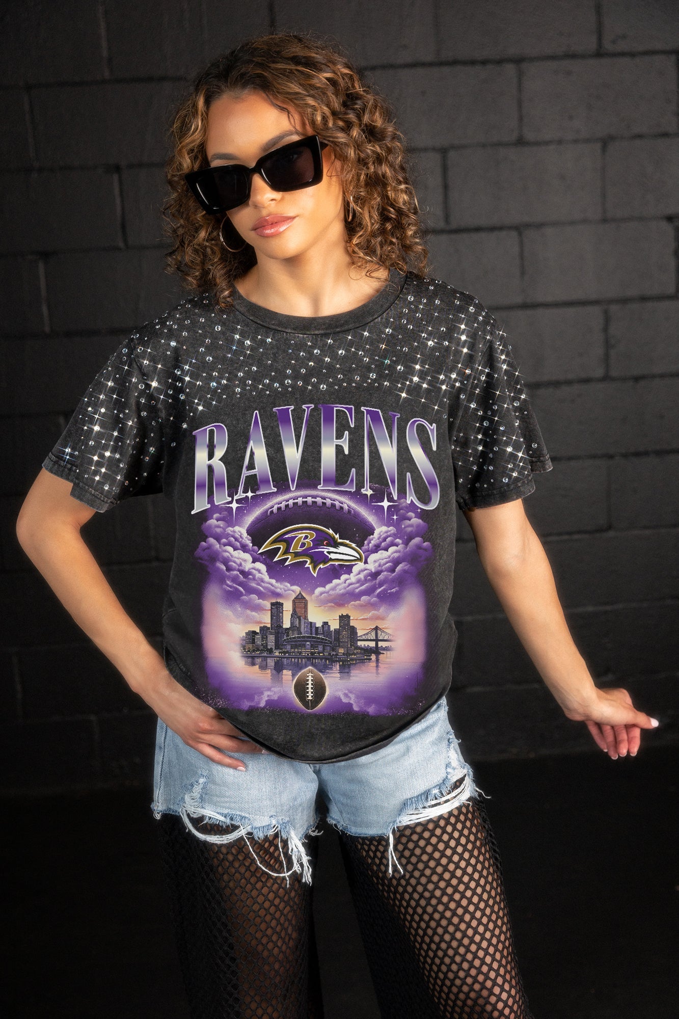 BALTIMORE RAVENS SKY'S THE LIMIT VINTAGE WASH RHINESTONE TEE