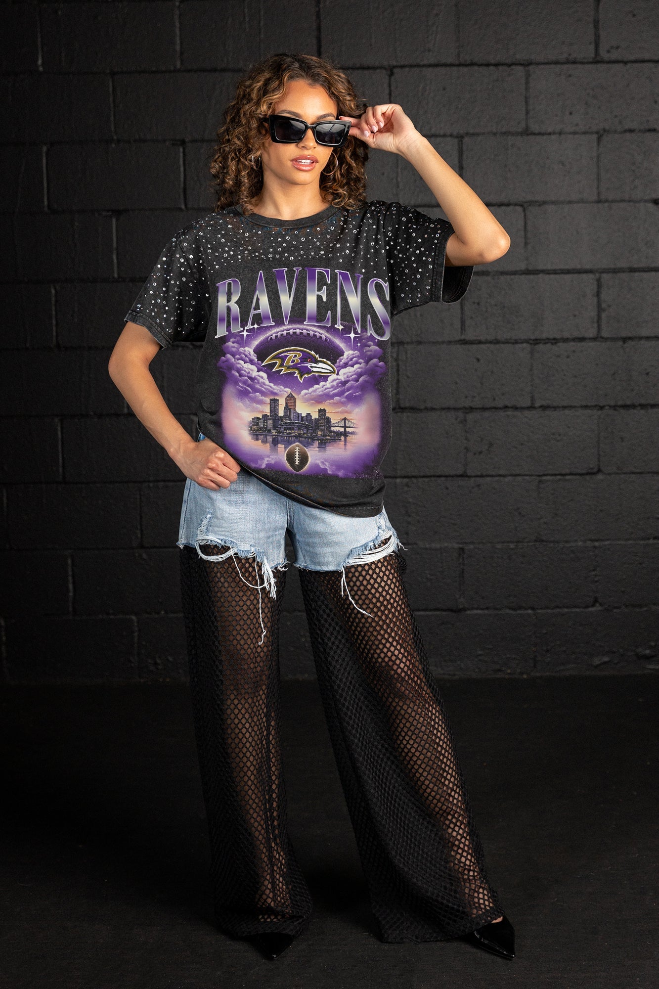 BALTIMORE RAVENS SKY'S THE LIMIT VINTAGE WASH RHINESTONE TEE