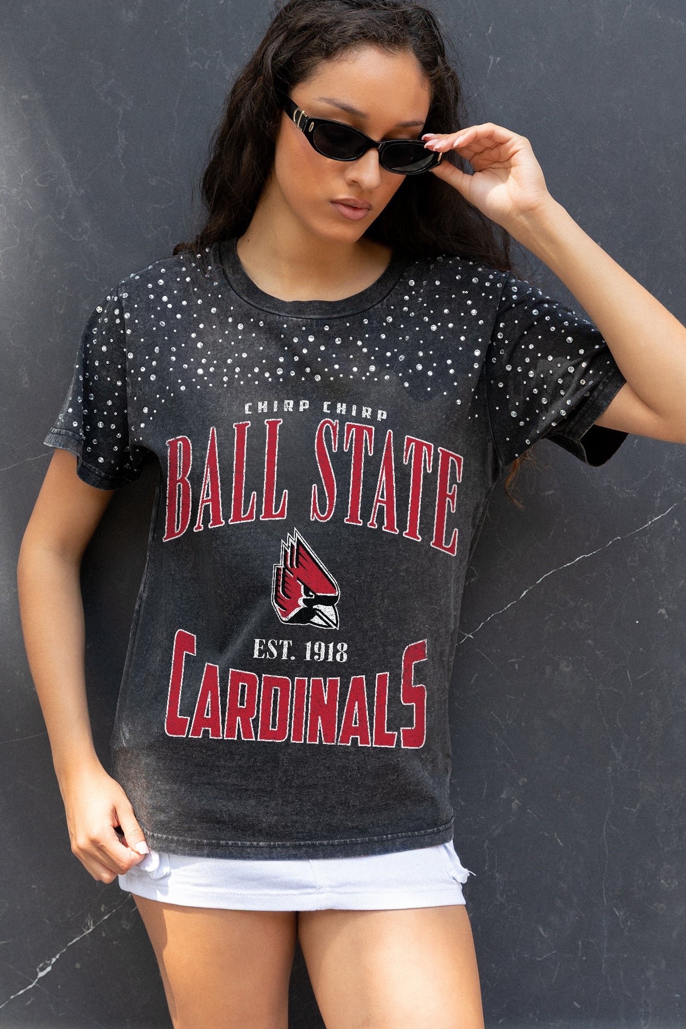 BALL STATE CARDINALS IN THE ZONE VINTAGE WASH RHINESTONE TEE