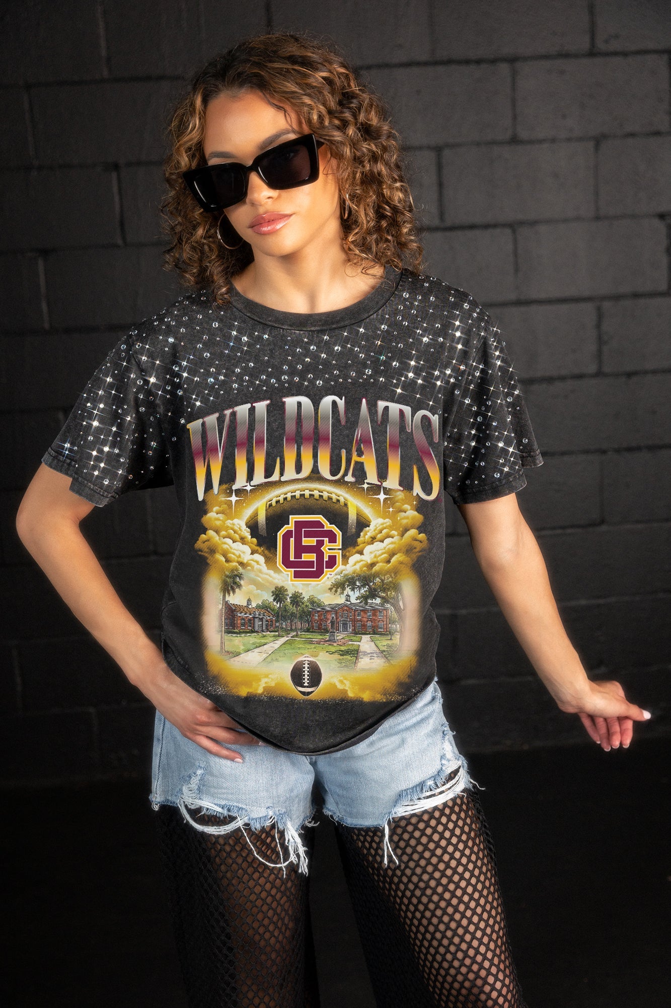 BETHUNE-COOKMAN WILDCATS SKY'S THE LIMIT VINTAGE WASH RHINESTONE TEE