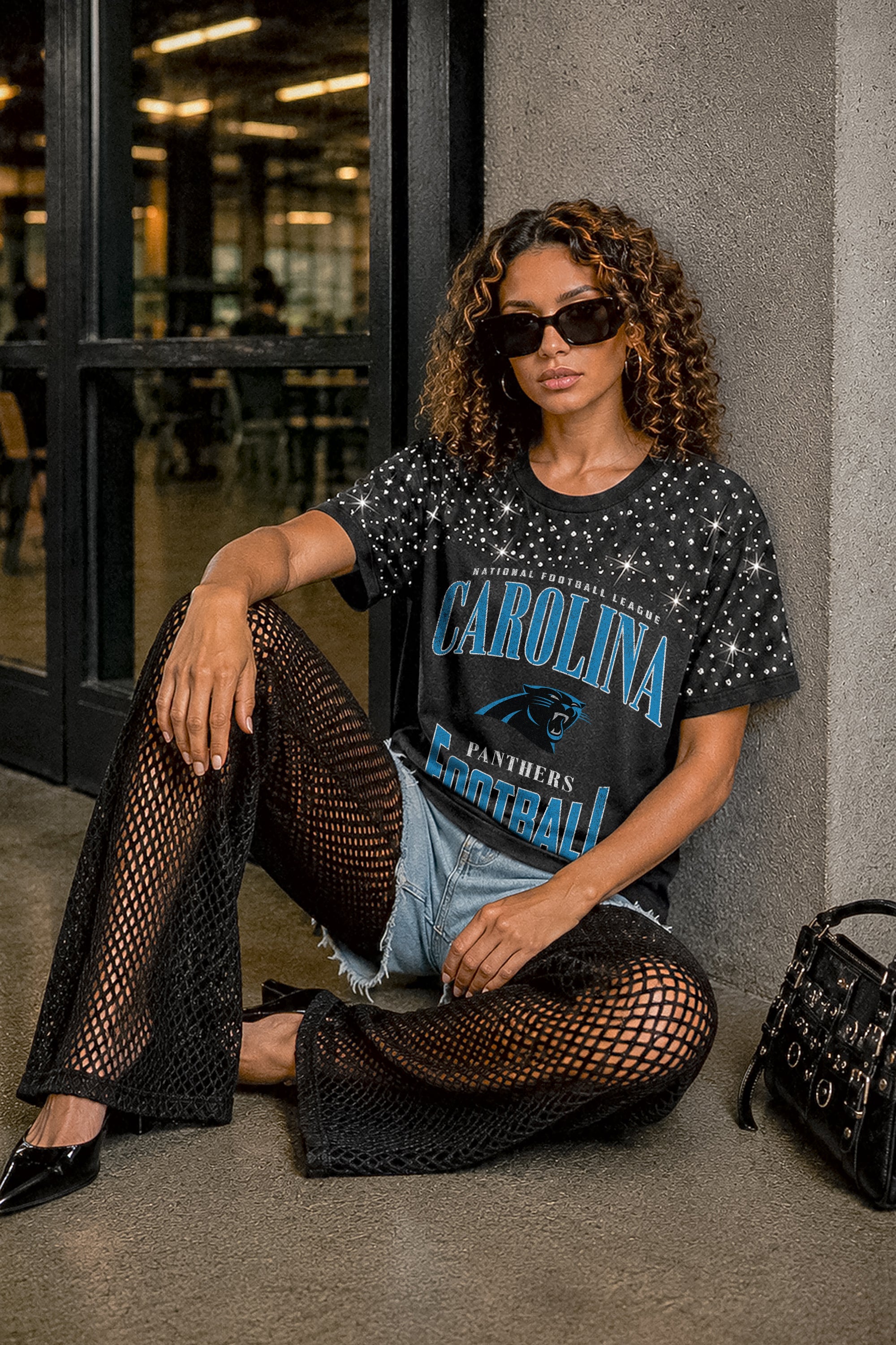 CAROLINA PANTHERS IN THE ZONE VINTAGE WASH RHINESTONE TEE