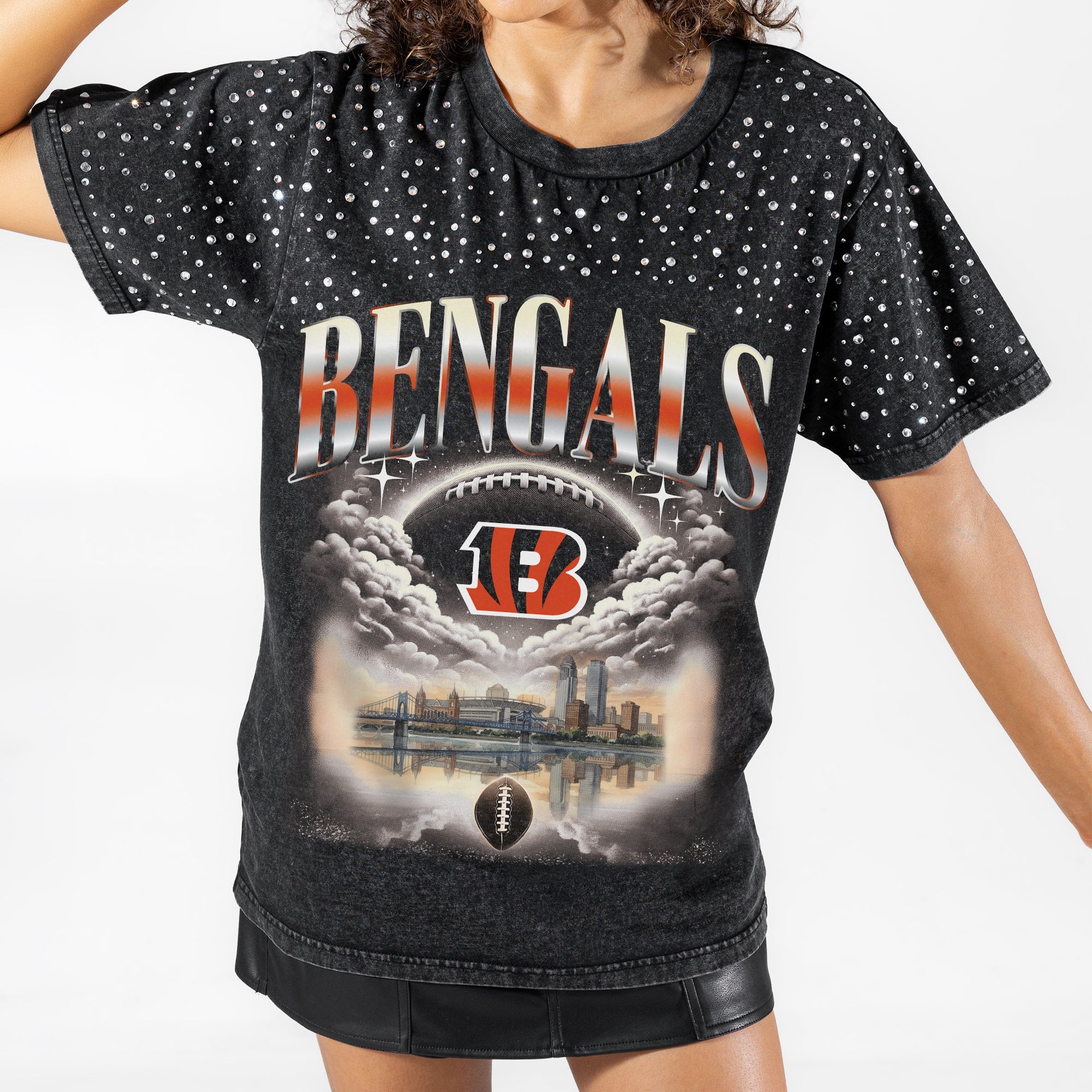 CINCINNATI BENGALS SKY'S THE LIMIT VINTAGE WASH RHINESTONE TEE