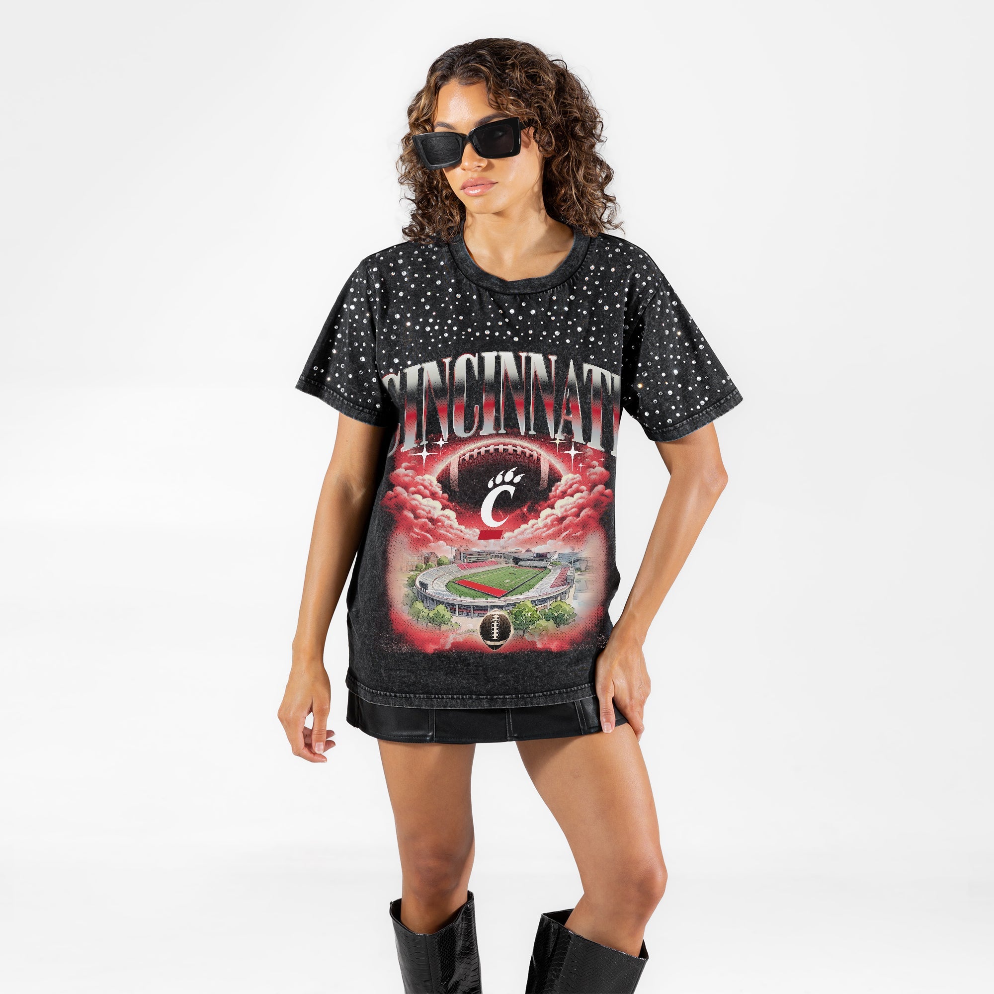 CINCINNATI BEARCATS SKY'S THE LIMIT VINTAGE WASH RHINESTONE TEE