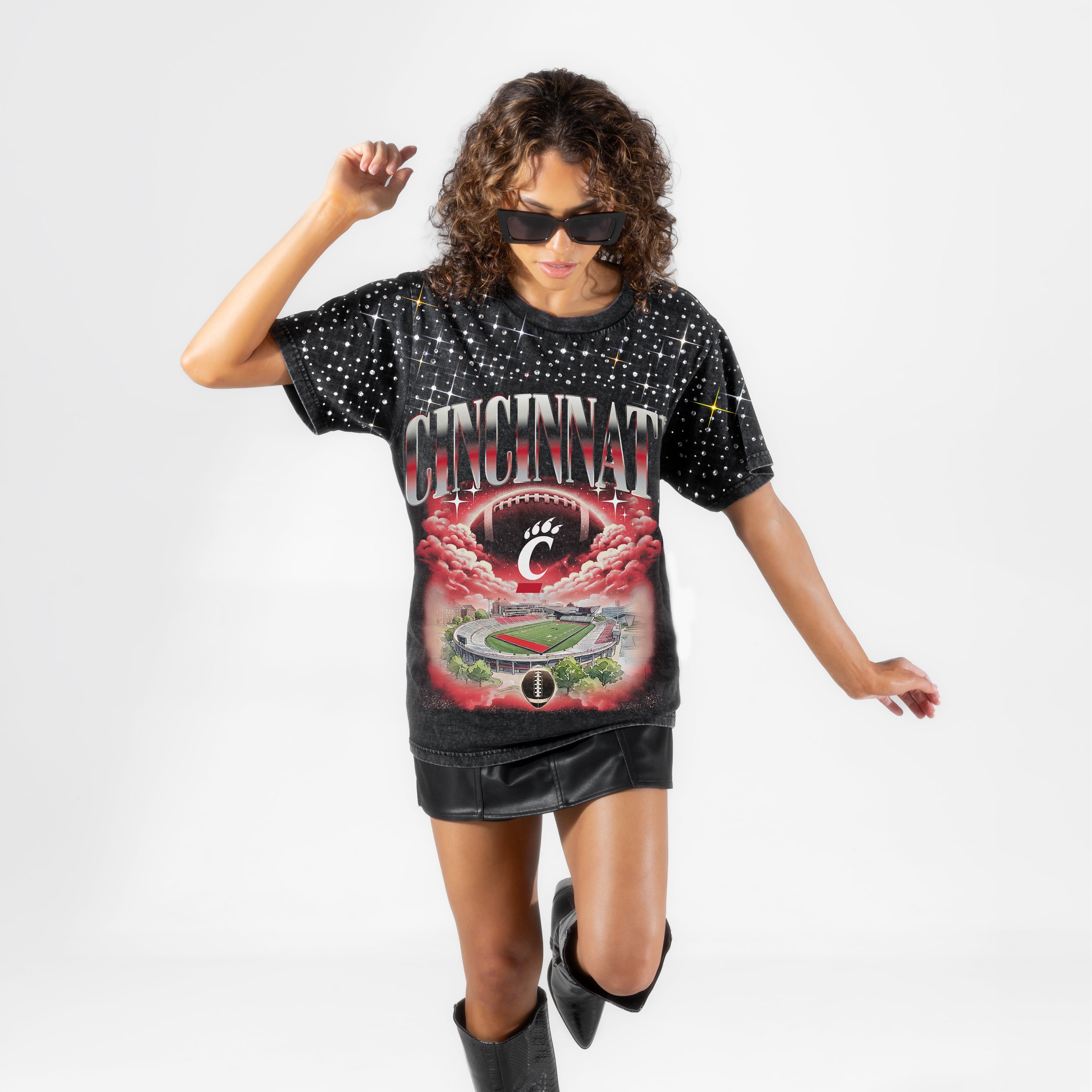 CINCINNATI BEARCATS SKY'S THE LIMIT VINTAGE WASH RHINESTONE TEE