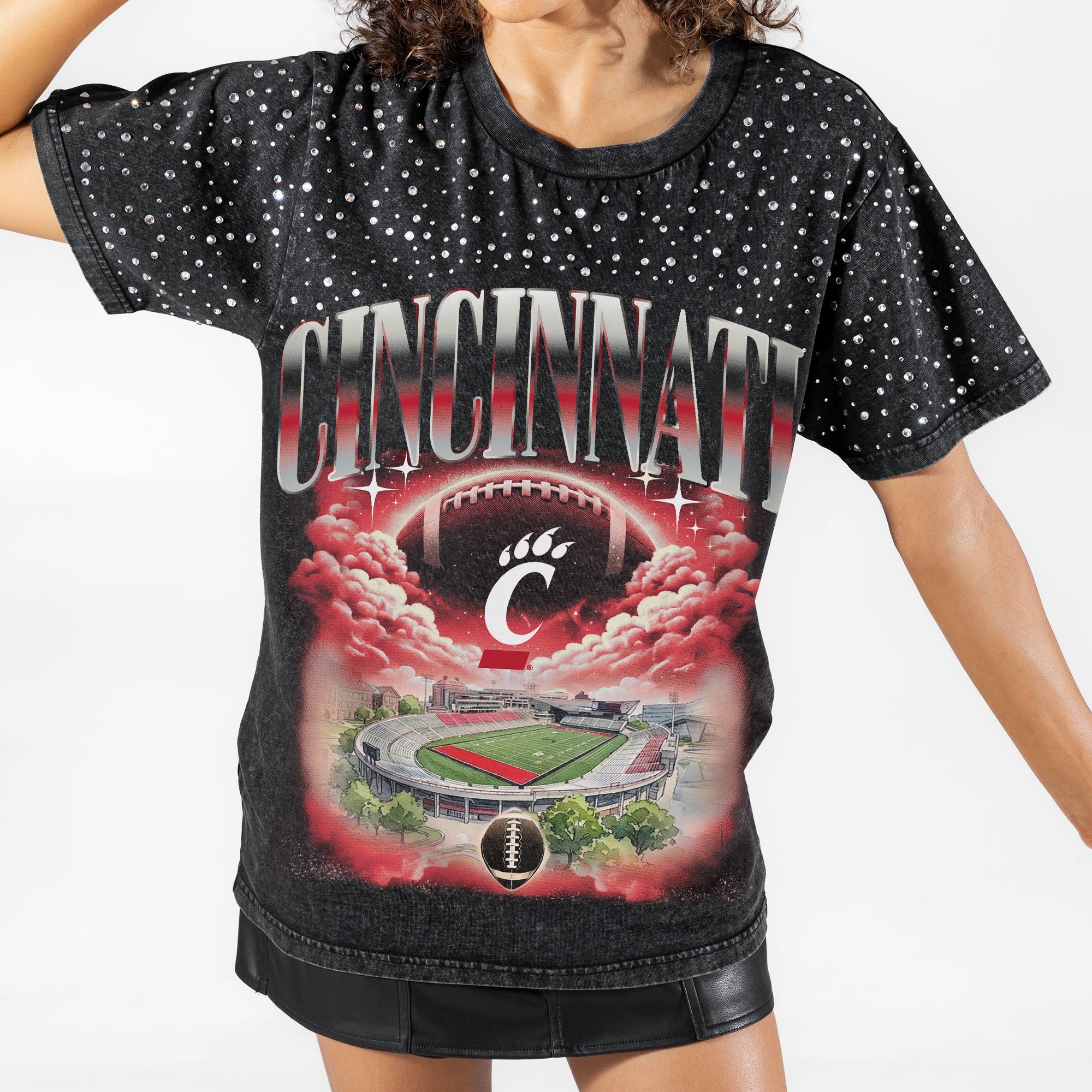 CINCINNATI BEARCATS SKY'S THE LIMIT VINTAGE WASH RHINESTONE TEE