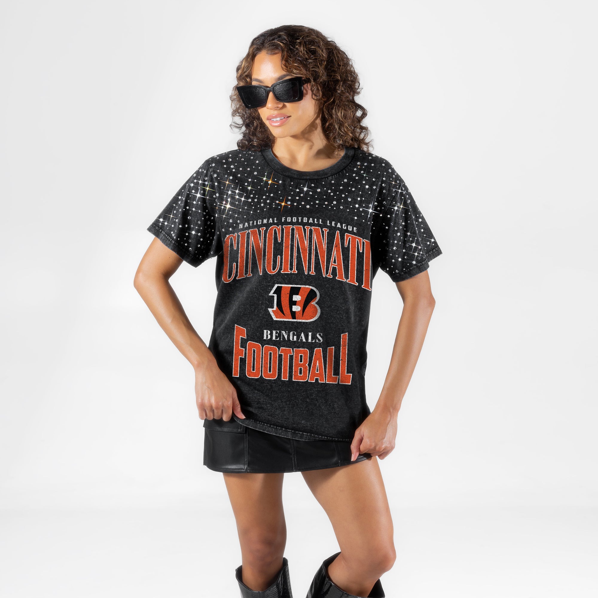 CINCINNATI BENGALS IN THE ZONE VINTAGE WASH RHINESTONE TEE