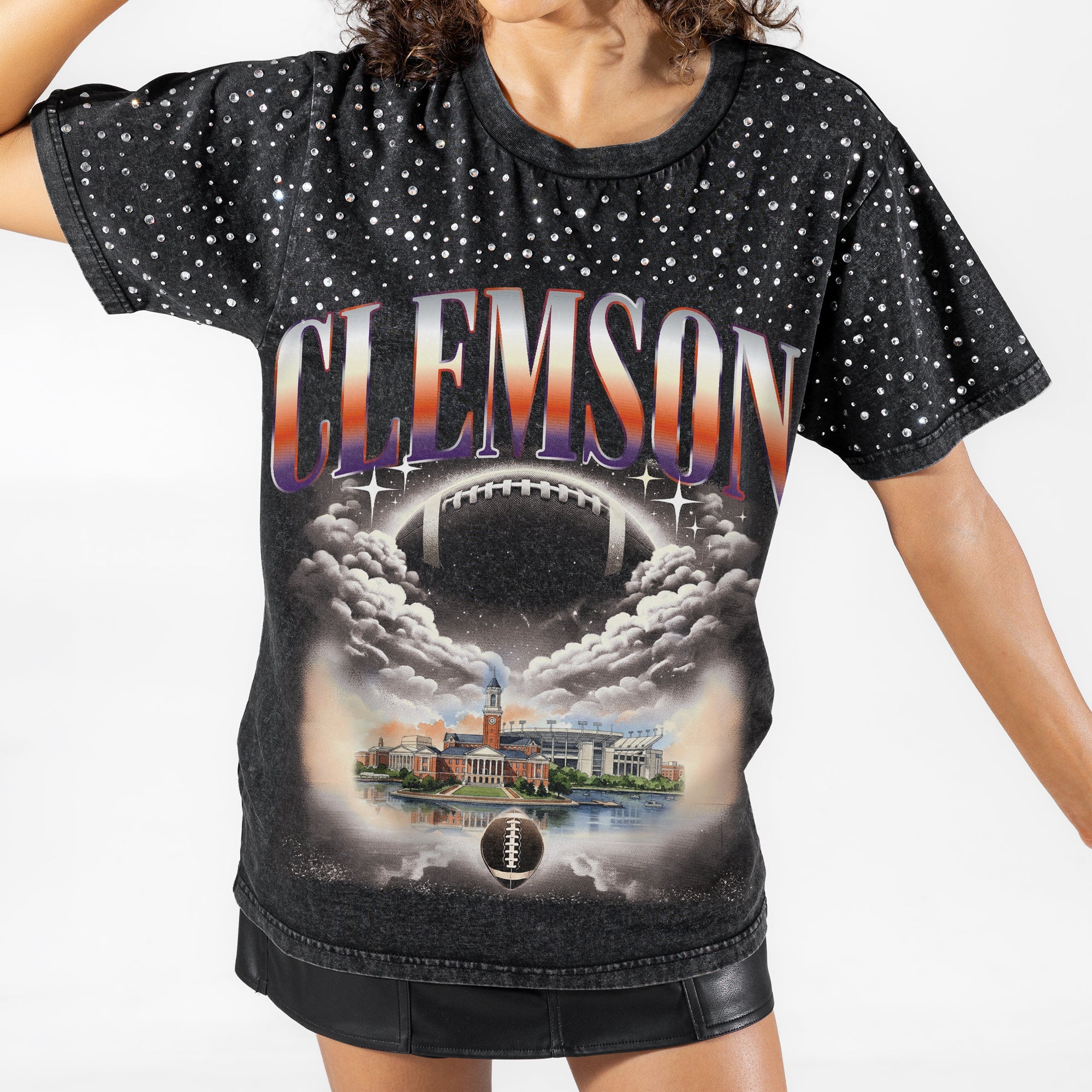 CLEMSON TIGERS SKY'S THE LIMIT VINTAGE WASH RHINESTONE TEE