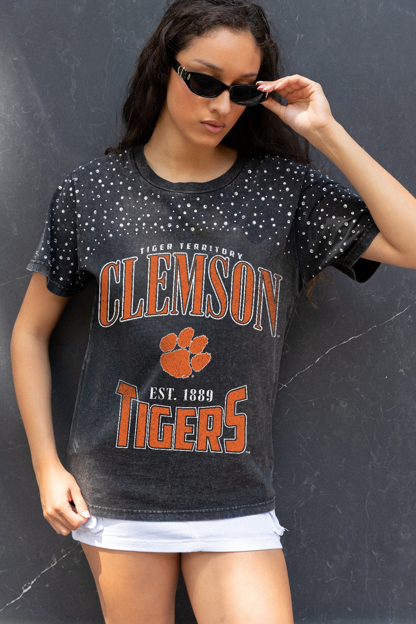 CLEMSON TIGERS IN THE ZONE VINTAGE WASH RHINESTONE TEE