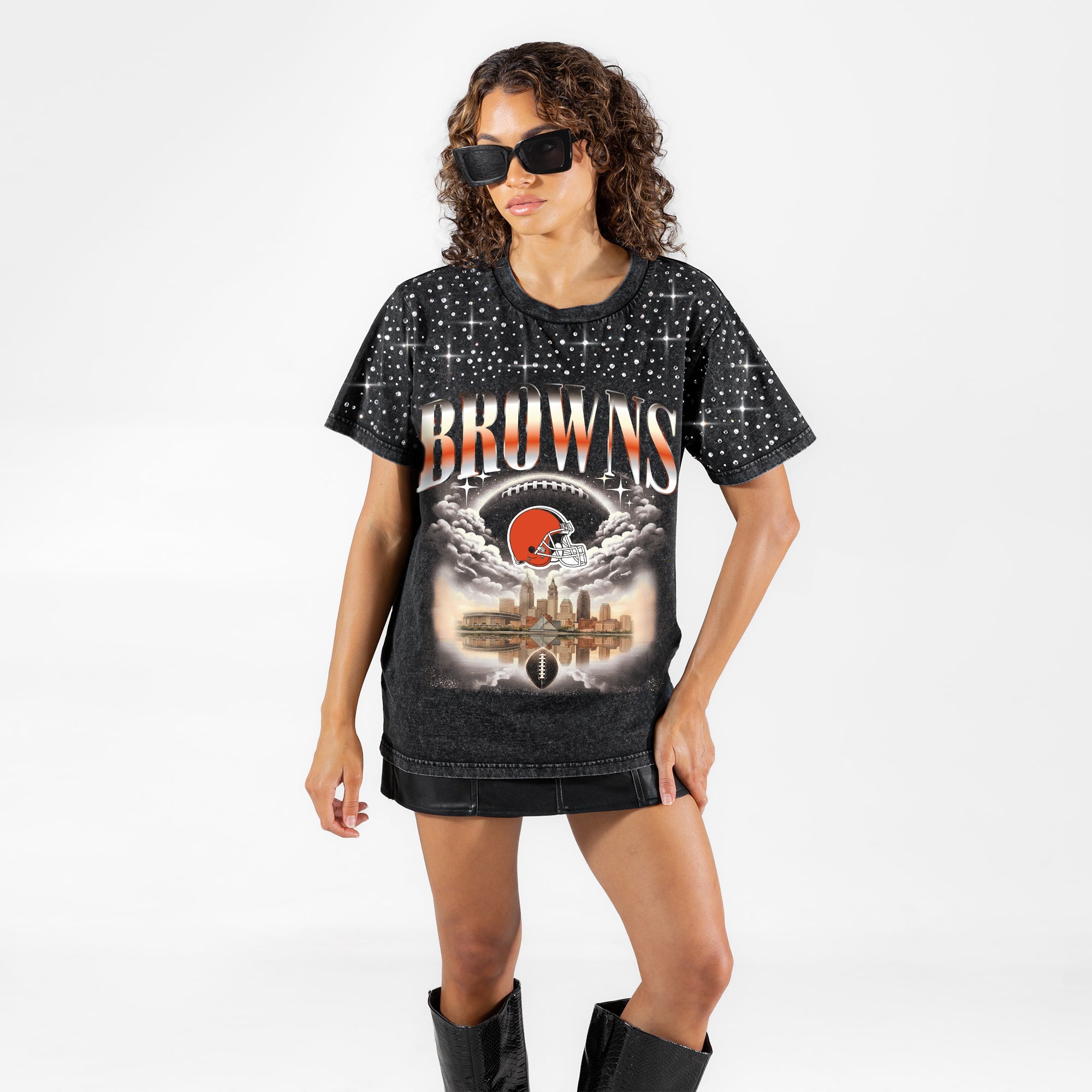 CLEVELAND BROWNS SKY'S THE LIMIT VINTAGE WASH RHINESTONE TEE