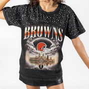 CLEVELAND BROWNS SKY'S THE LIMIT VINTAGE WASH RHINESTONE TEE