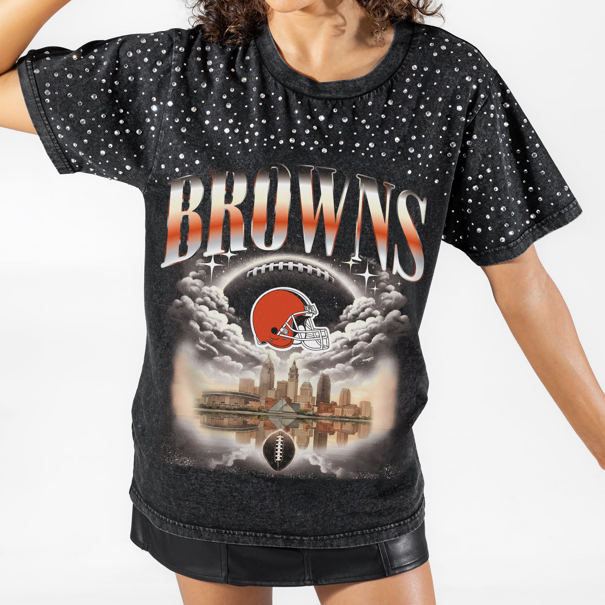 CLEVELAND BROWNS SKY'S THE LIMIT VINTAGE WASH RHINESTONE TEE
