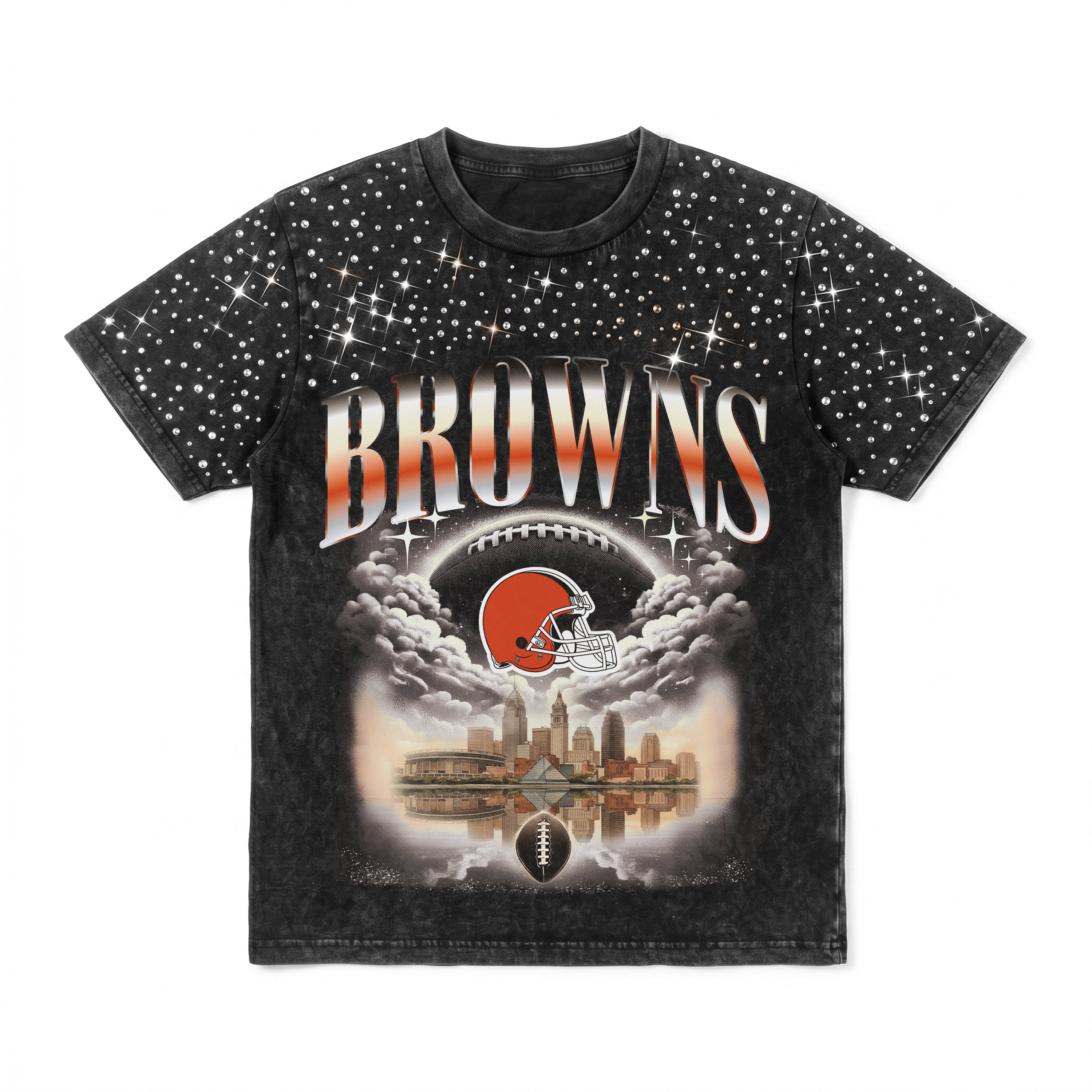 CLEVELAND BROWNS SKY'S THE LIMIT VINTAGE WASH RHINESTONE TEE