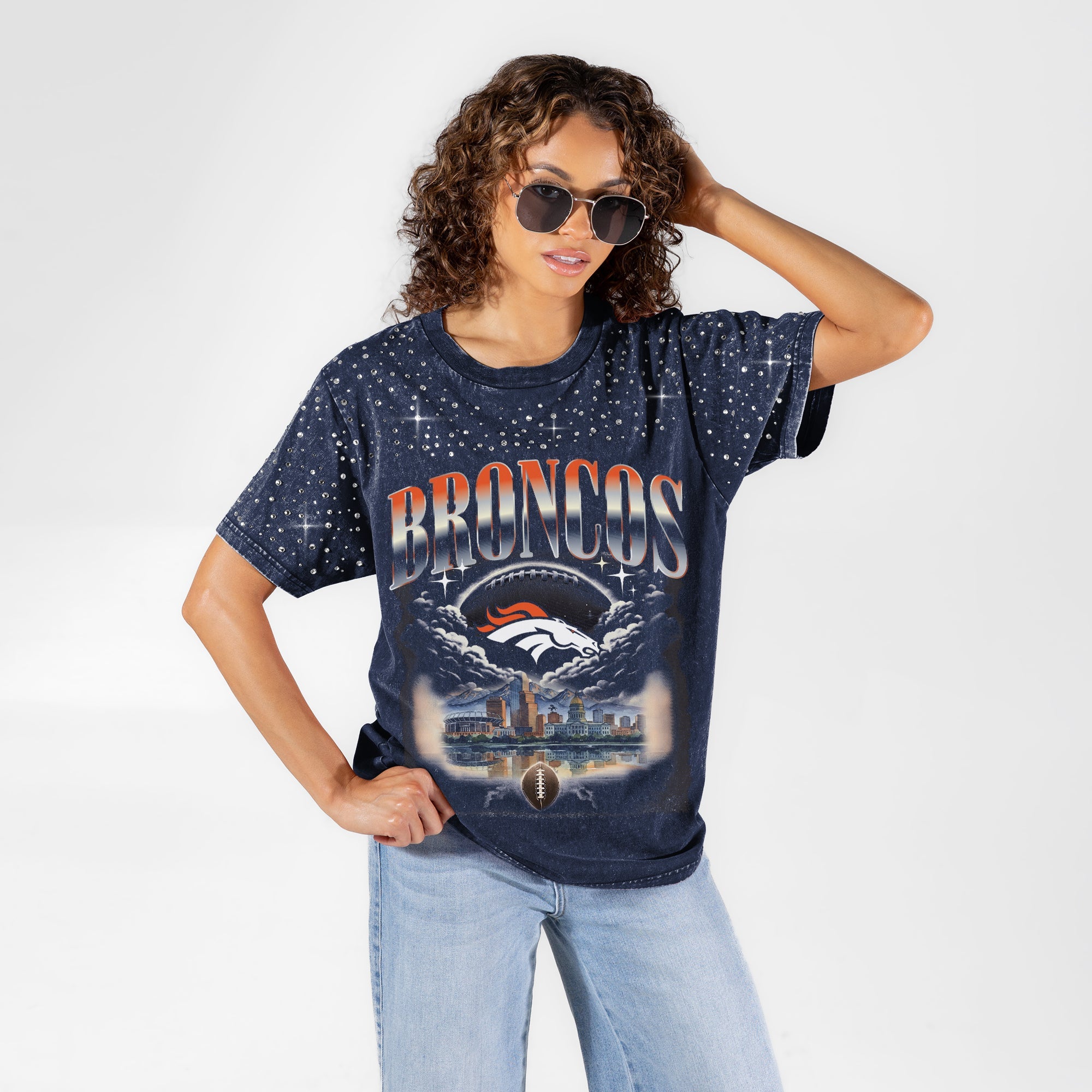 DENVER BRONCOS SKY'S THE LIMIT VINTAGE WASH RHINESTONE TEE