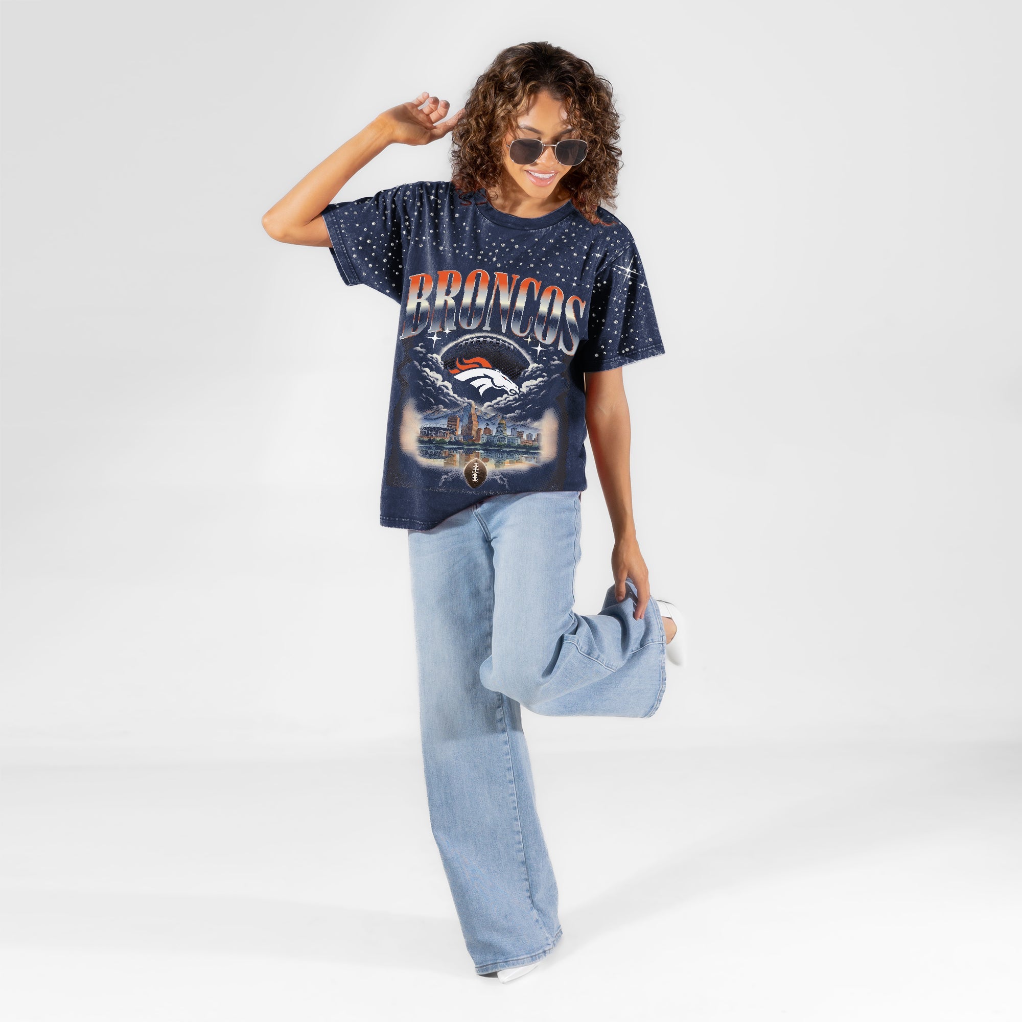DENVER BRONCOS SKY'S THE LIMIT VINTAGE WASH RHINESTONE TEE