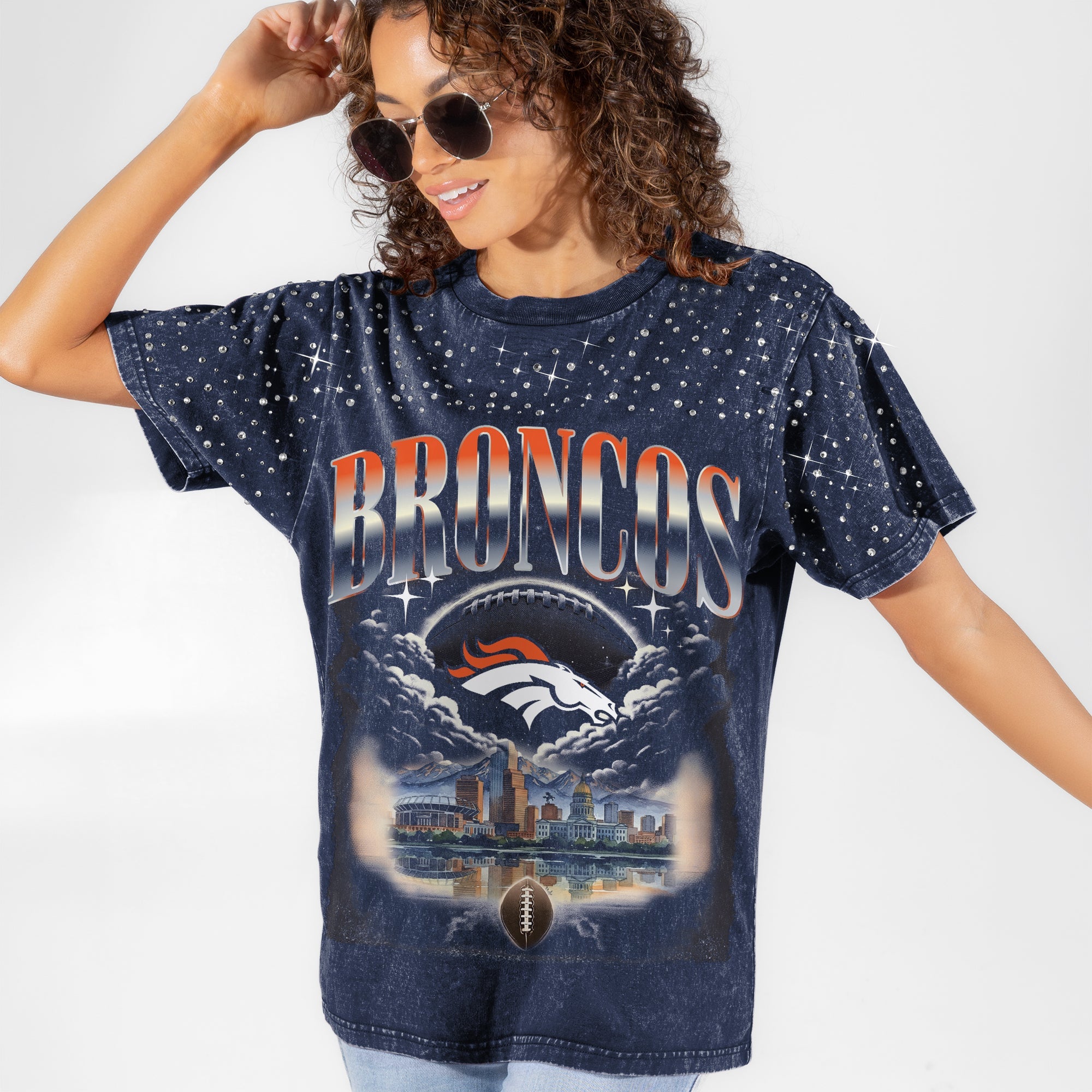 DENVER BRONCOS SKY'S THE LIMIT VINTAGE WASH RHINESTONE TEE
