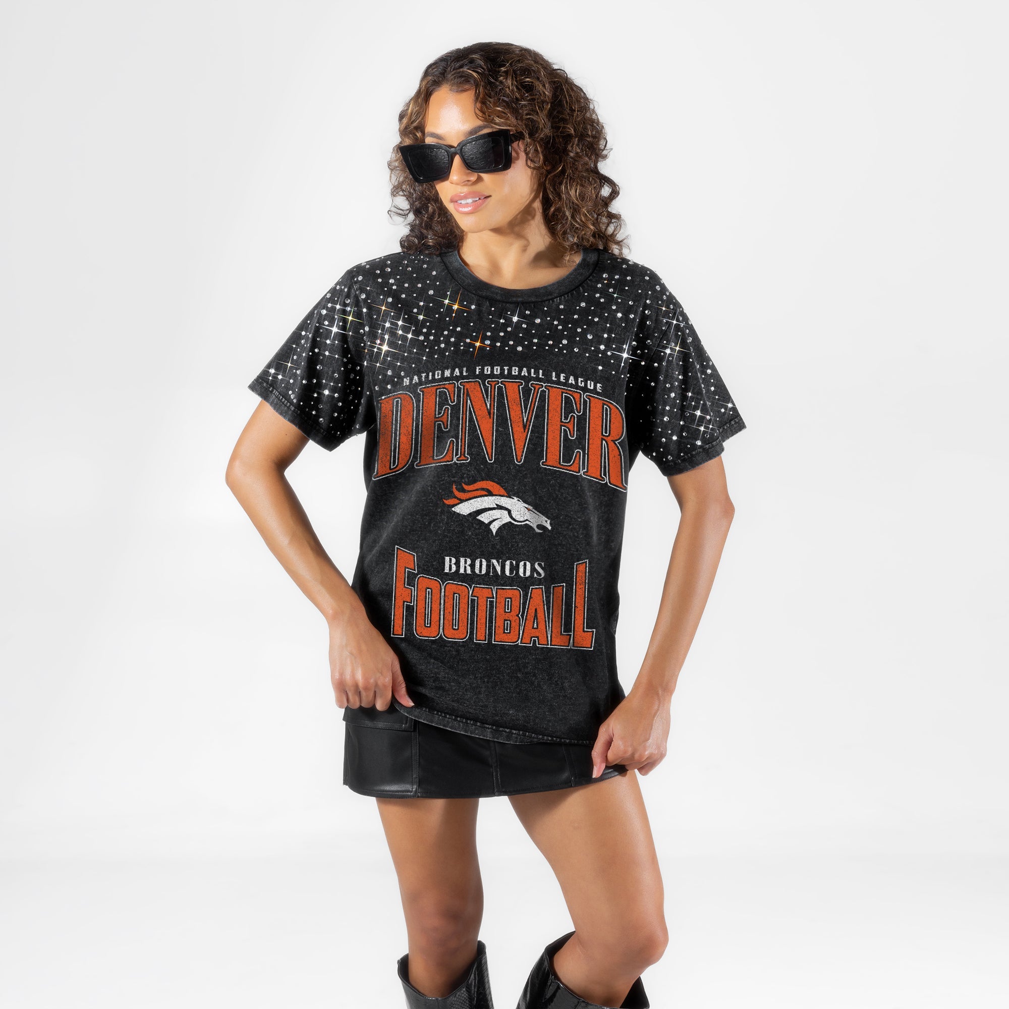 DENVER BRONCOS IN THE ZONE VINTAGE WASH RHINESTONE TEE