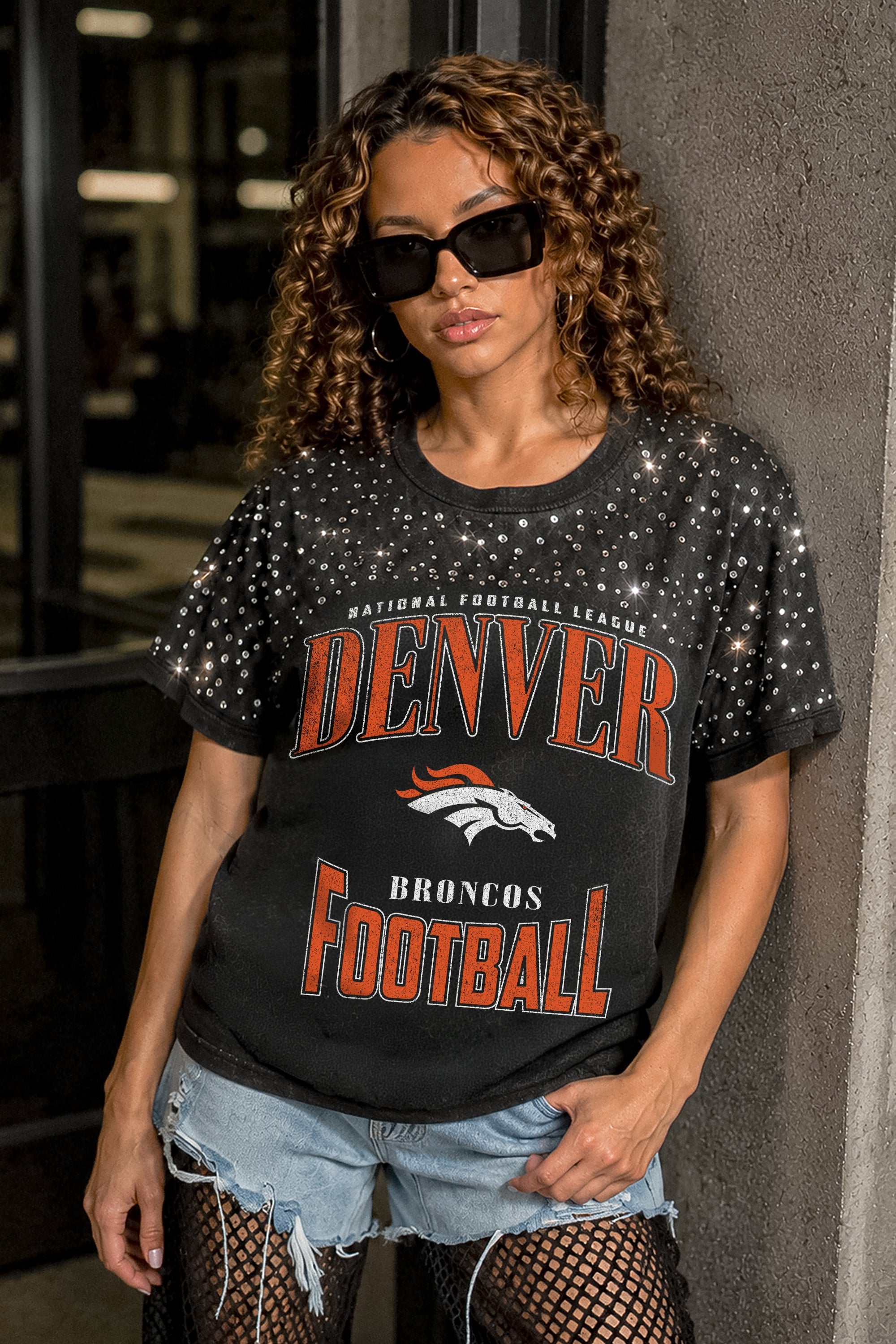 DENVER BRONCOS IN THE ZONE VINTAGE WASH RHINESTONE TEE