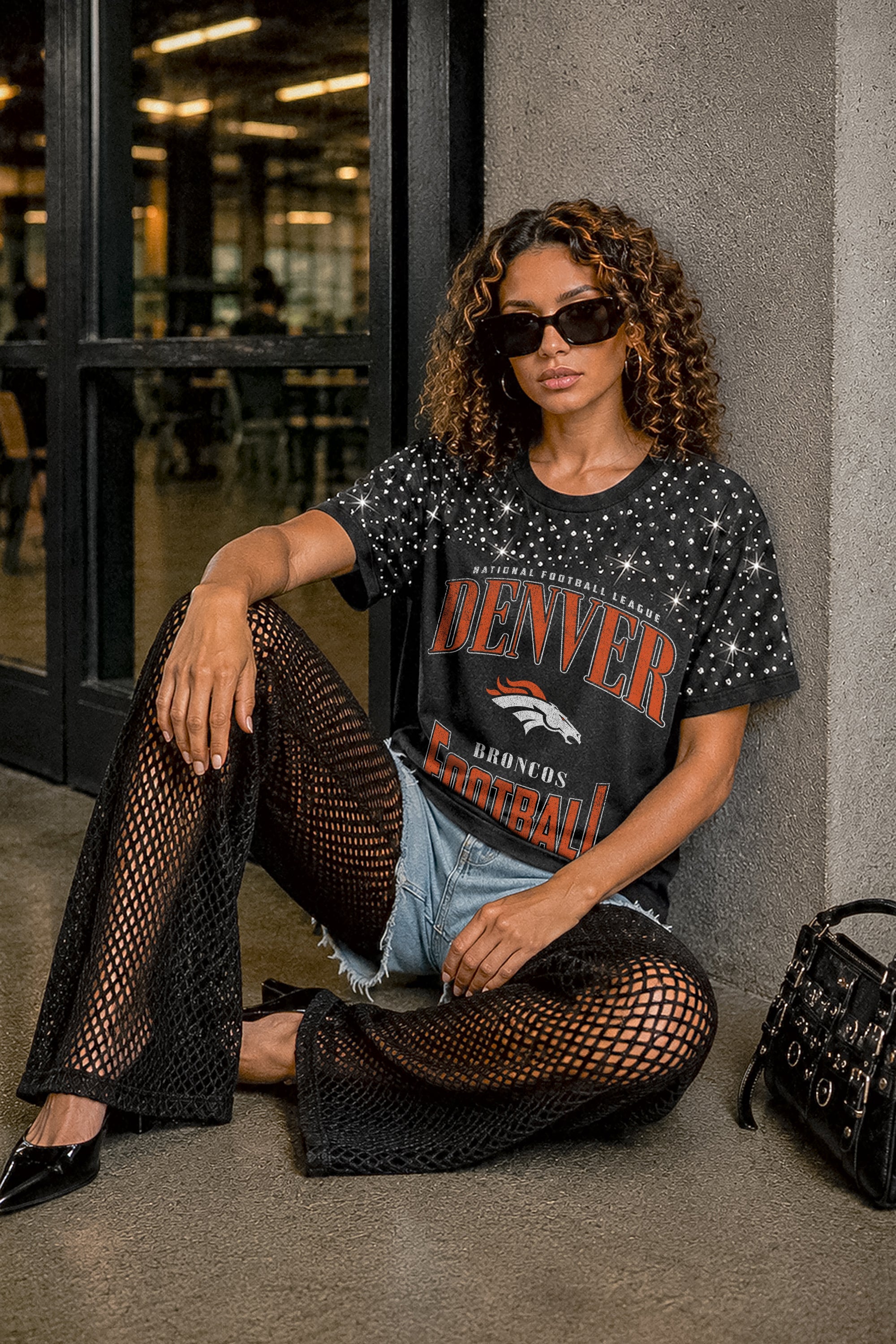 DENVER BRONCOS IN THE ZONE VINTAGE WASH RHINESTONE TEE