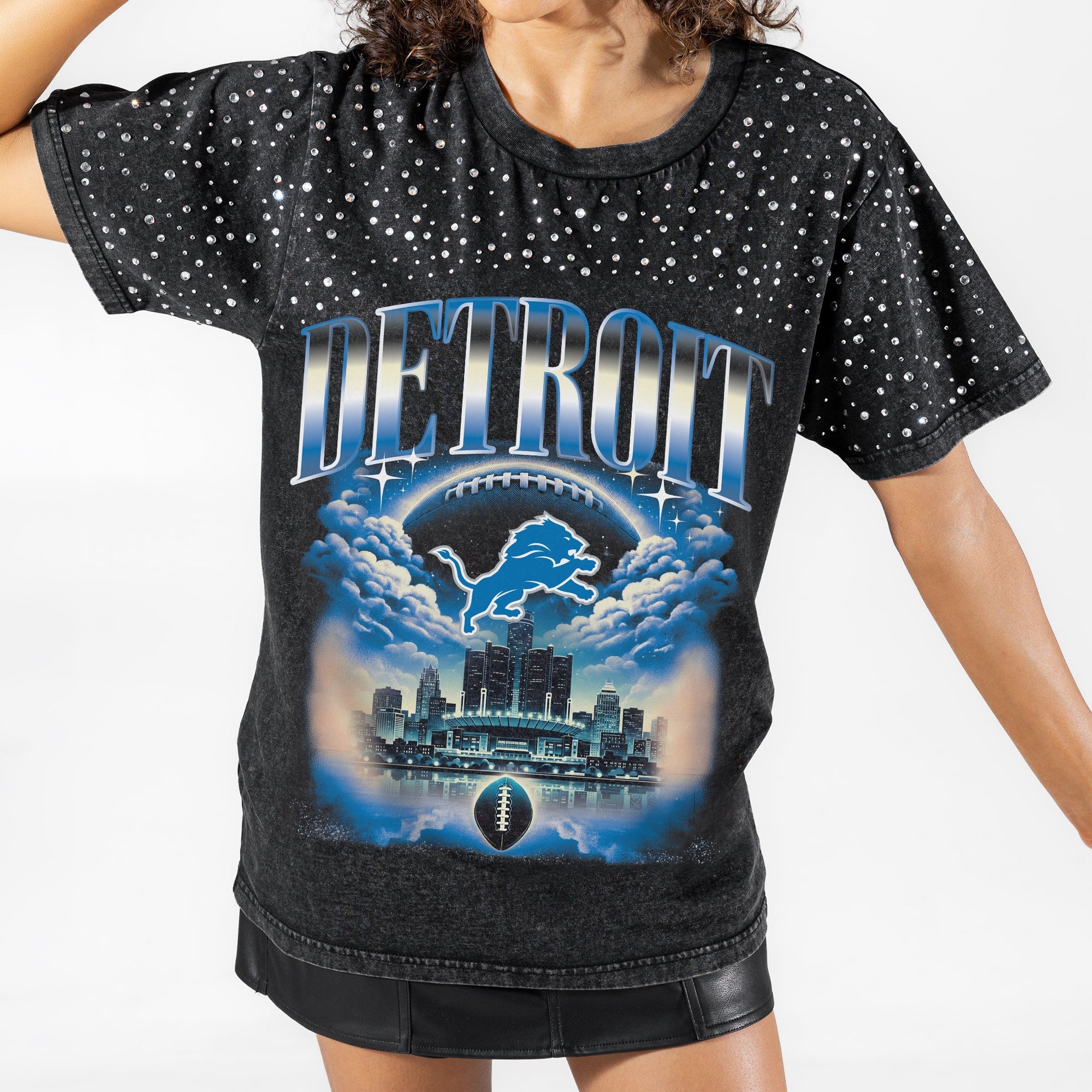 DETROIT LIONS SKY'S THE LIMIT VINTAGE WASH RHINESTONE TEE