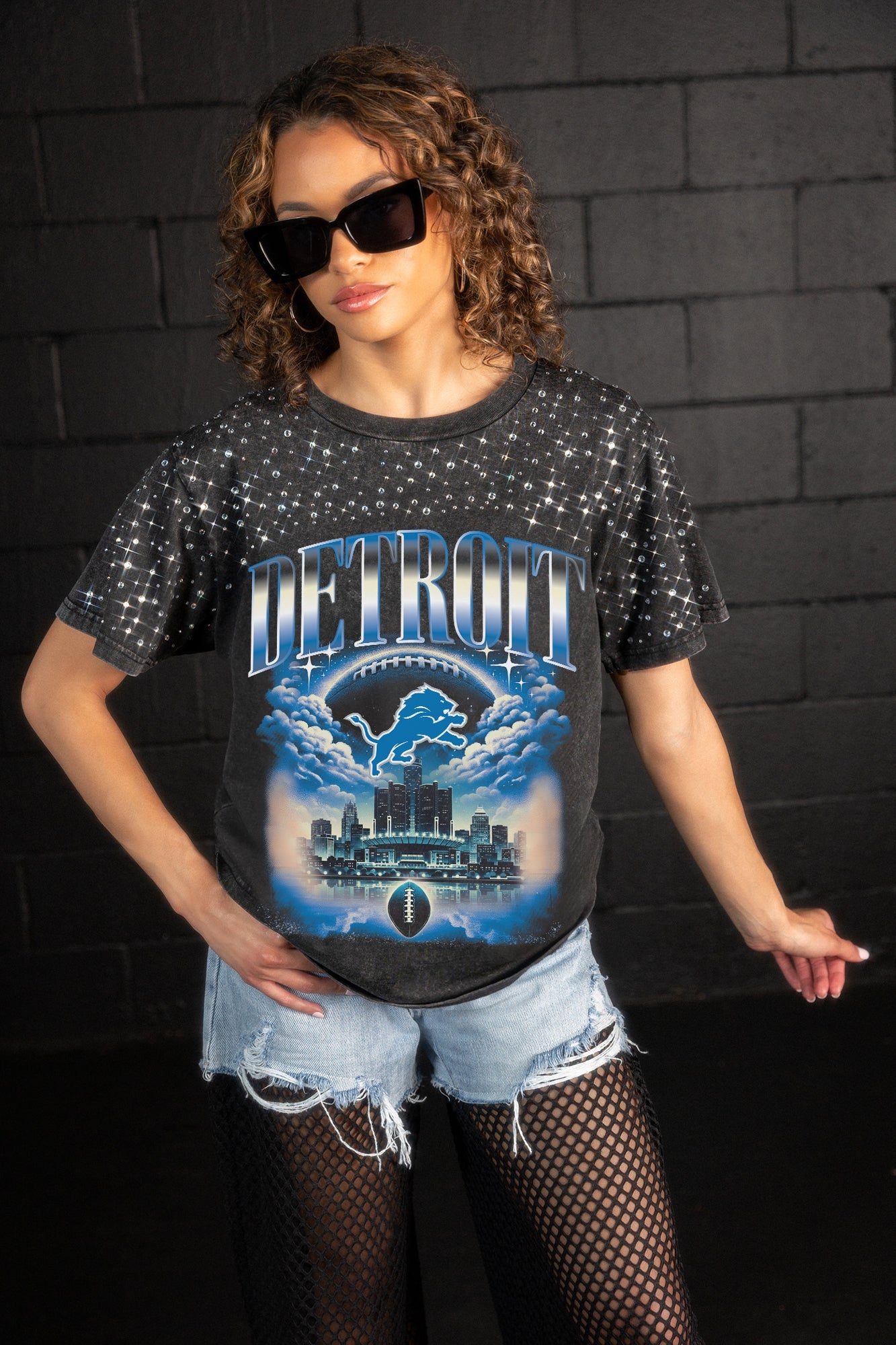 DETROIT LIONS SKY'S THE LIMIT VINTAGE WASH RHINESTONE TEE