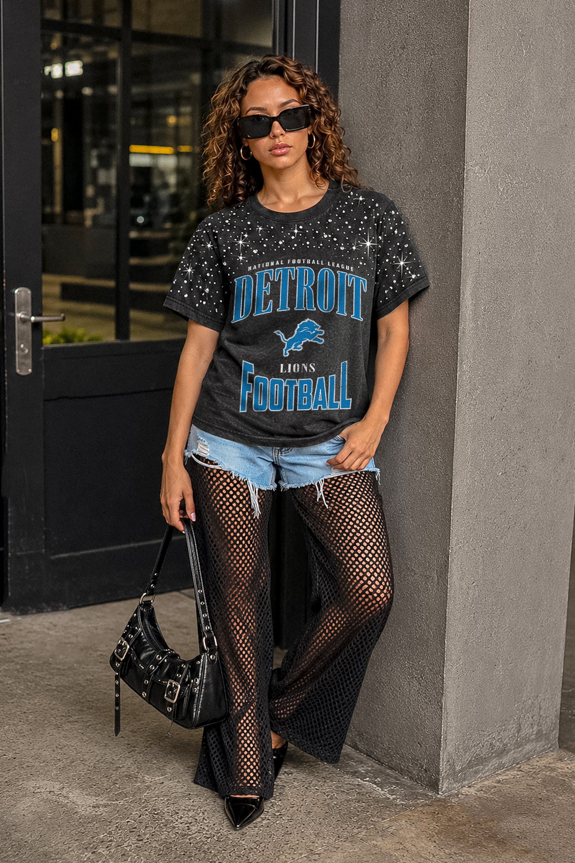 DETROIT LIONS IN THE ZONE VINTAGE WASH RHINESTONE TEE