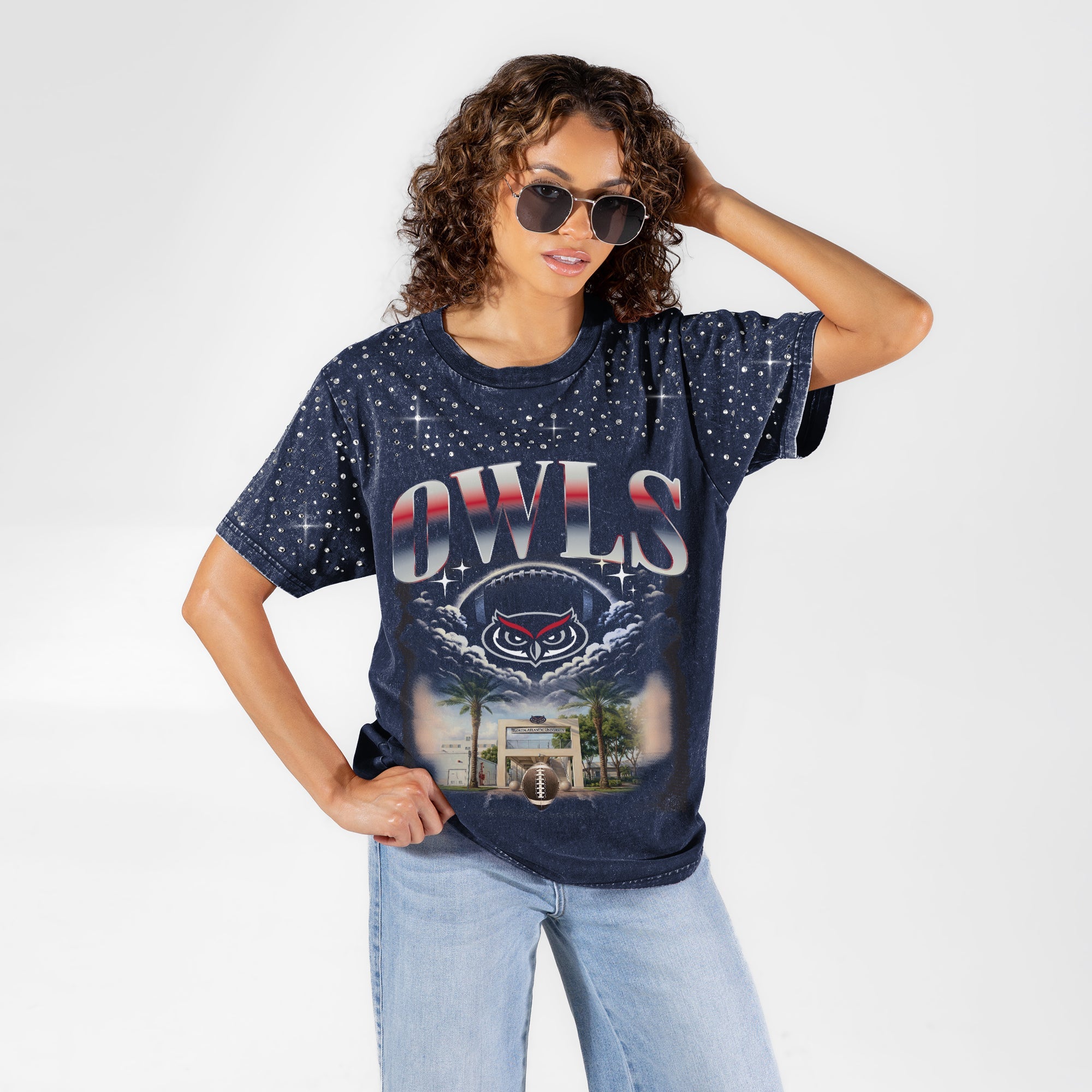 FLORIDA ATLANTIC OWLS SKY'S THE LIMIT VINTAGE WASH RHINESTONE TEE