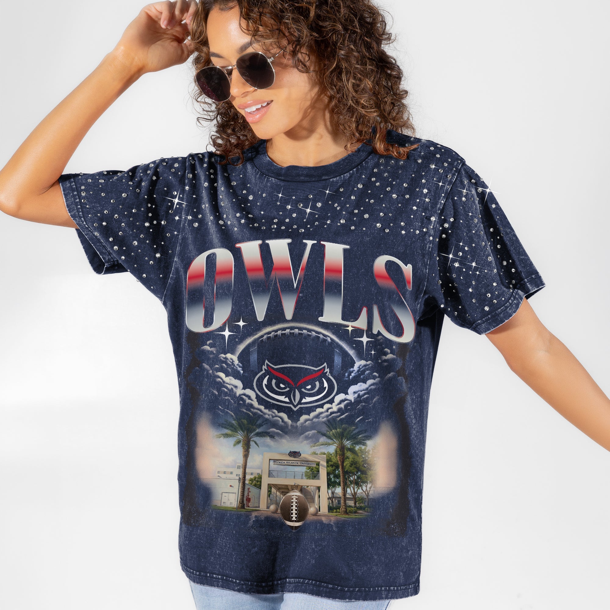 FLORIDA ATLANTIC OWLS SKY'S THE LIMIT VINTAGE WASH RHINESTONE TEE