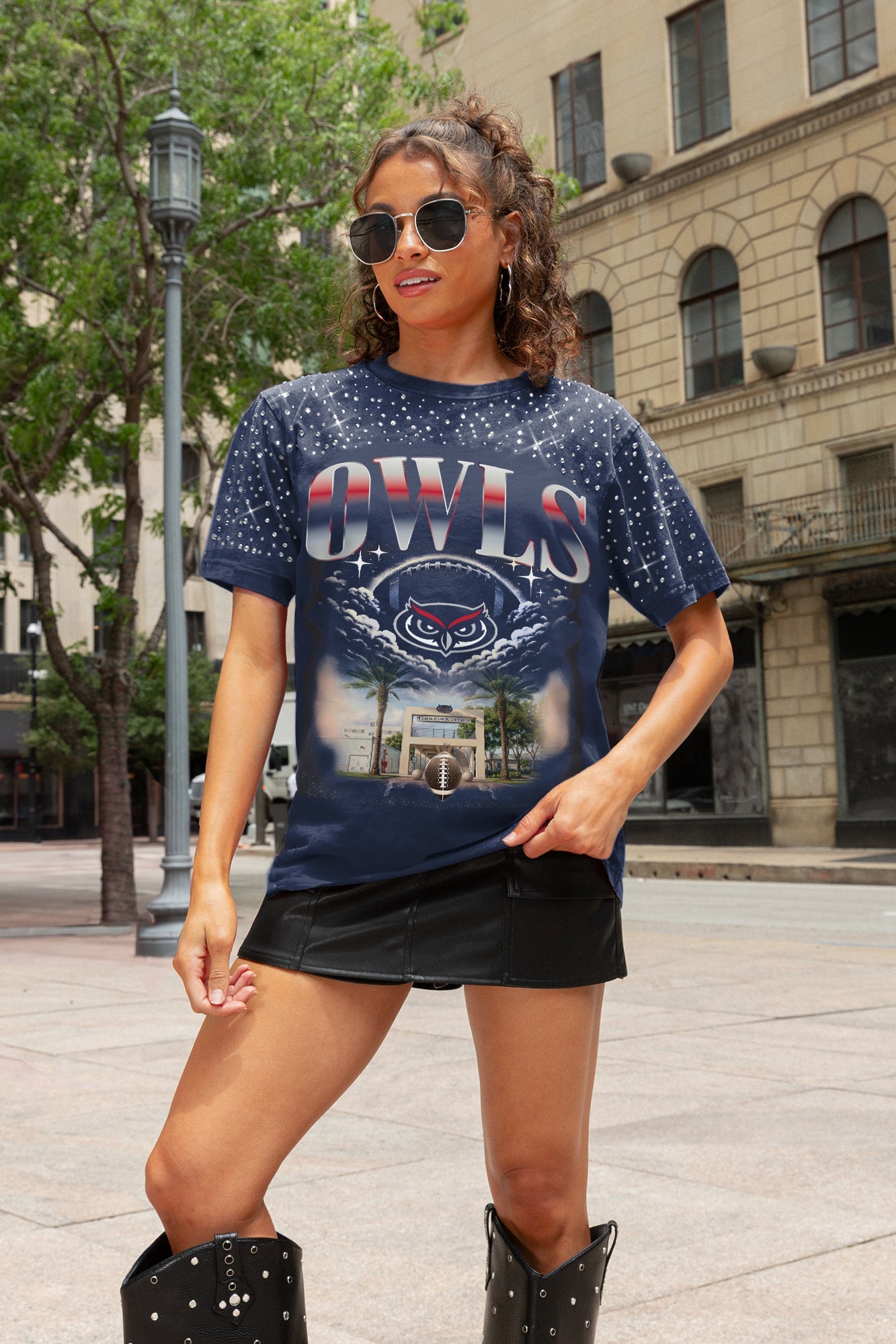 FLORIDA ATLANTIC OWLS SKY'S THE LIMIT VINTAGE WASH RHINESTONE TEE