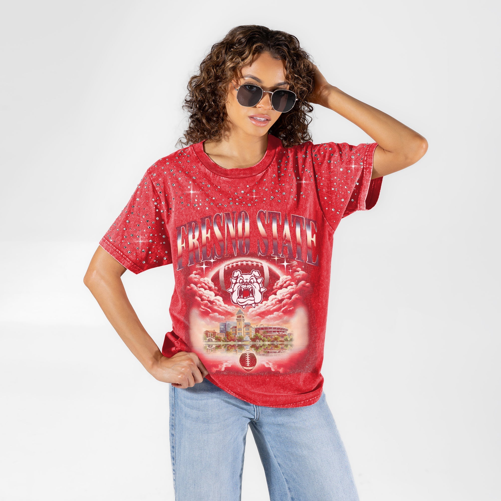 FRESNO STATE BULLDOGS SKY'S THE LIMIT VINTAGE WASH RHINESTONE TEE