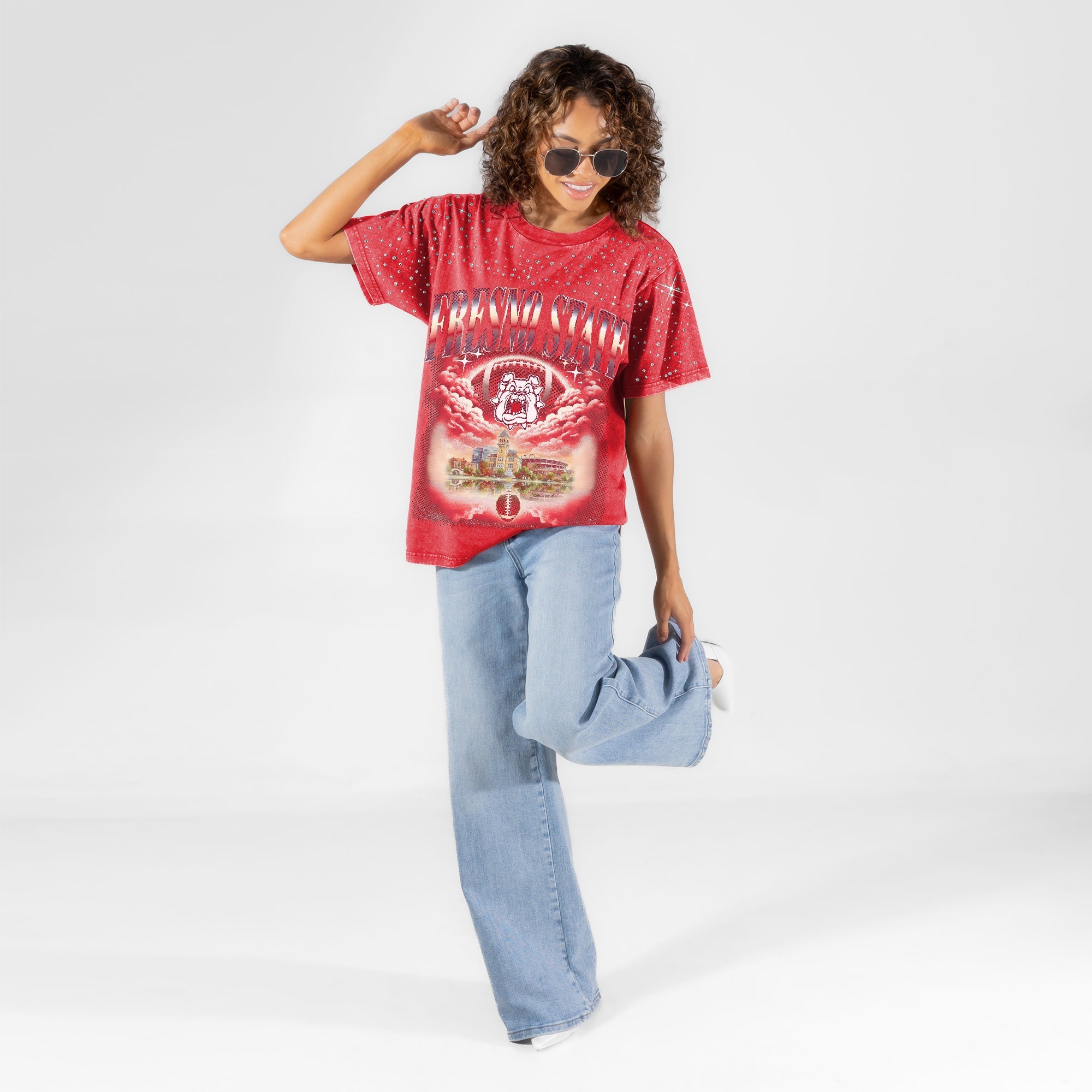 FRESNO STATE BULLDOGS SKY'S THE LIMIT VINTAGE WASH RHINESTONE TEE