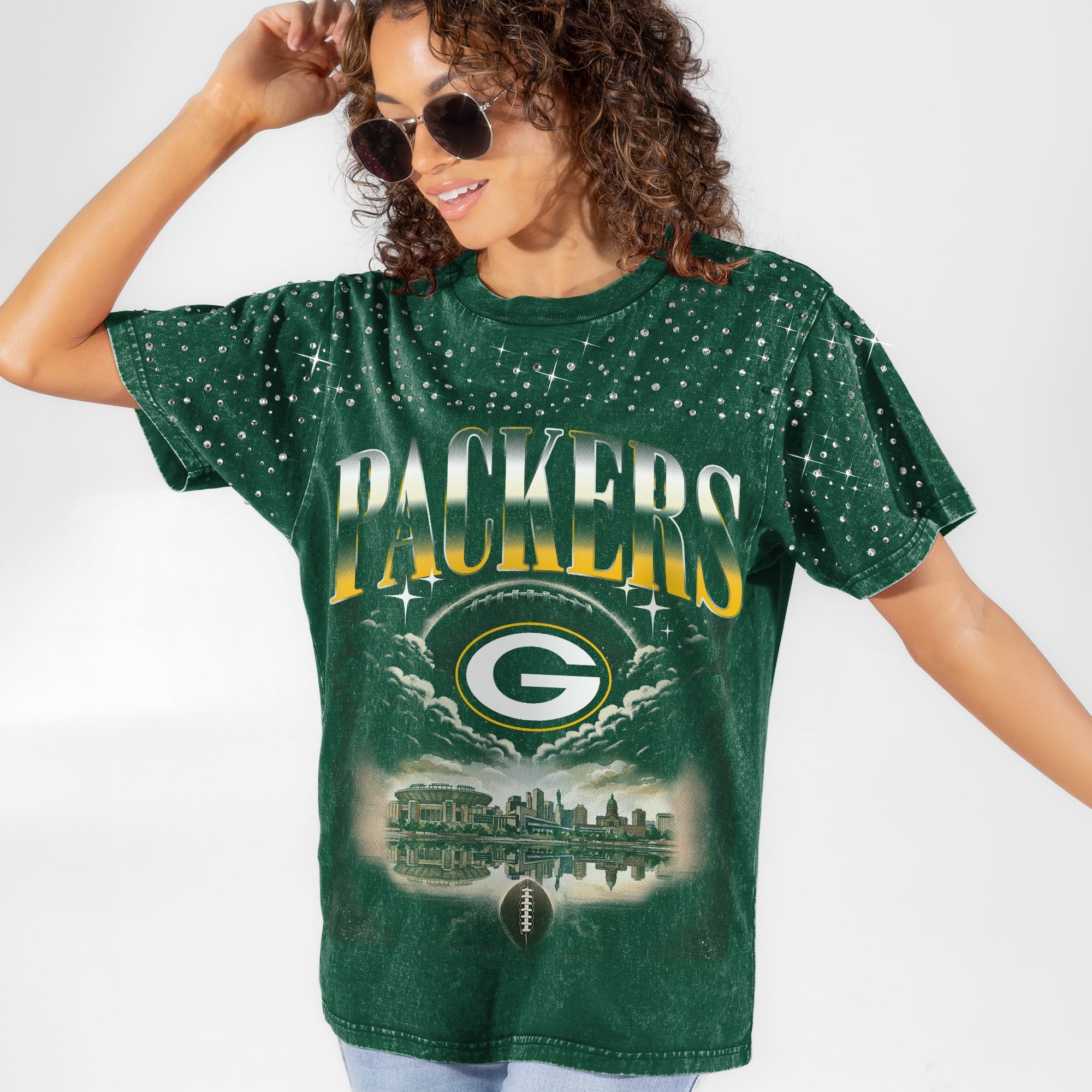 GREEN BAY PACKERS SKY'S THE LIMIT VINTAGE WASH RHINESTONE TEE