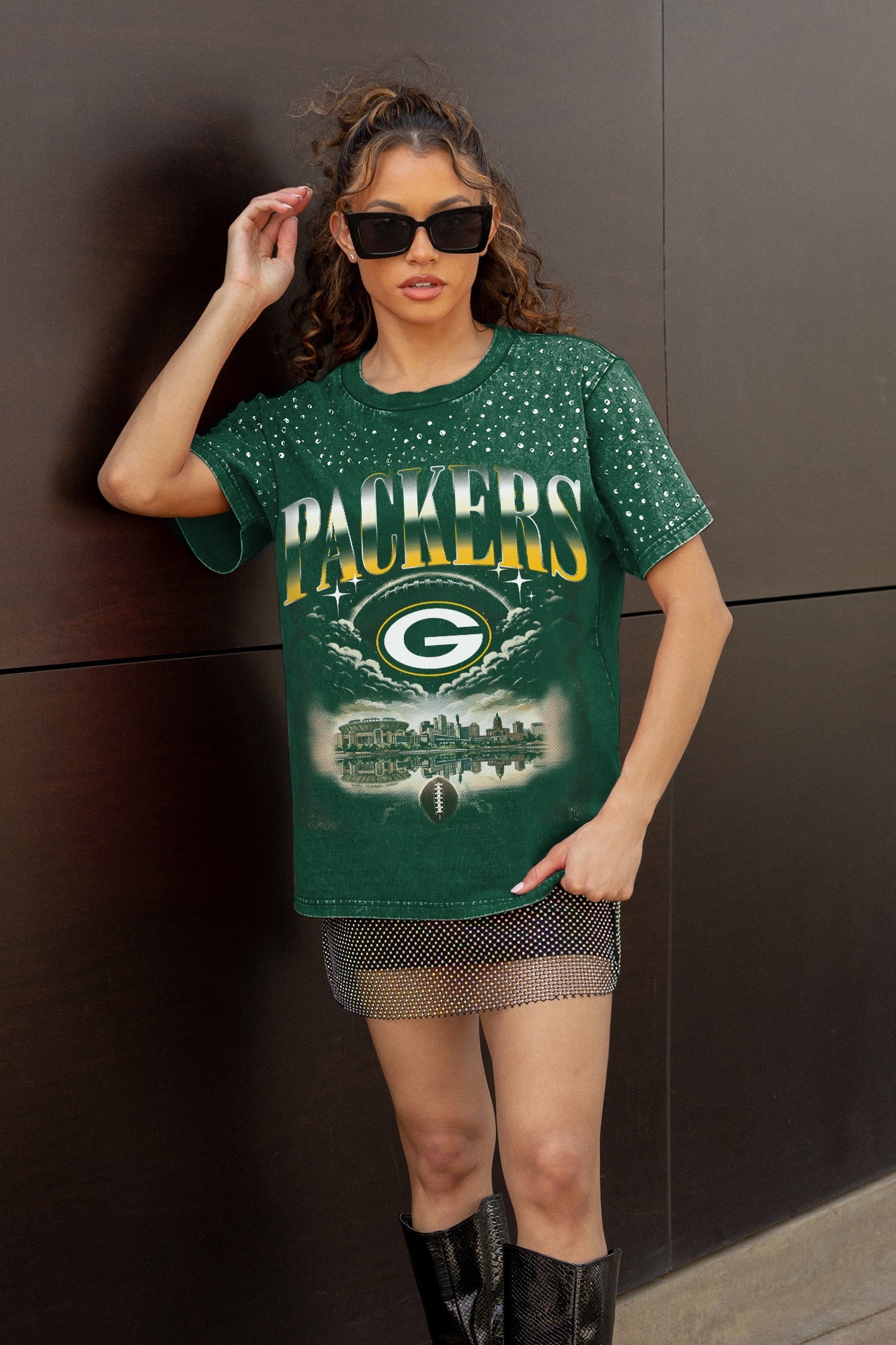GREEN BAY PACKERS SKY'S THE LIMIT VINTAGE WASH RHINESTONE TEE