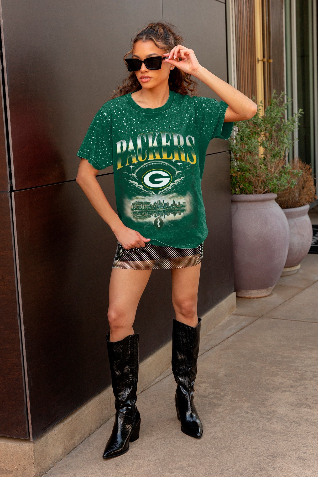 GREEN BAY PACKERS SKY'S THE LIMIT VINTAGE WASH RHINESTONE TEE