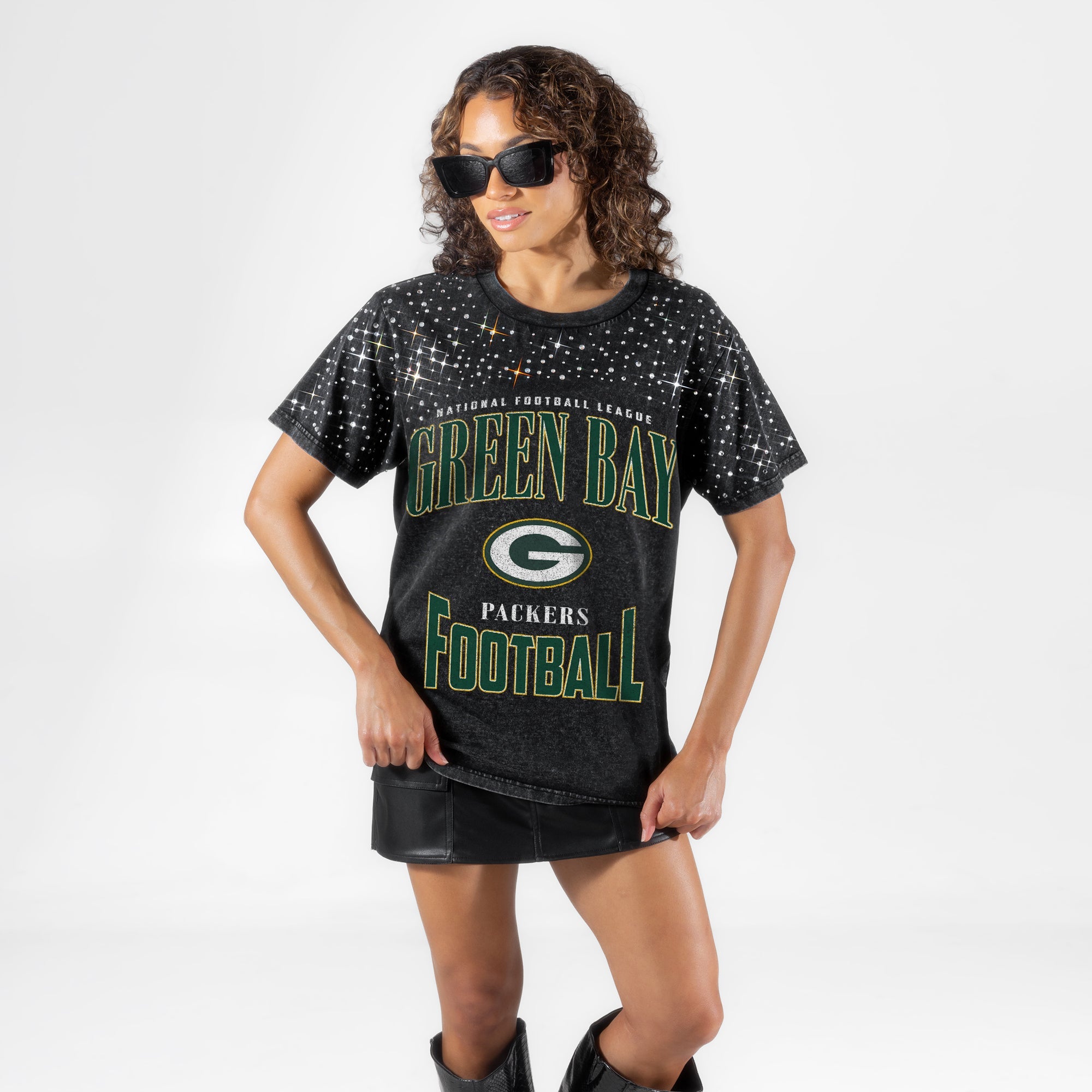 GREEN BAY PACKERS IN THE ZONE VINTAGE WASH RHINESTONE TEE