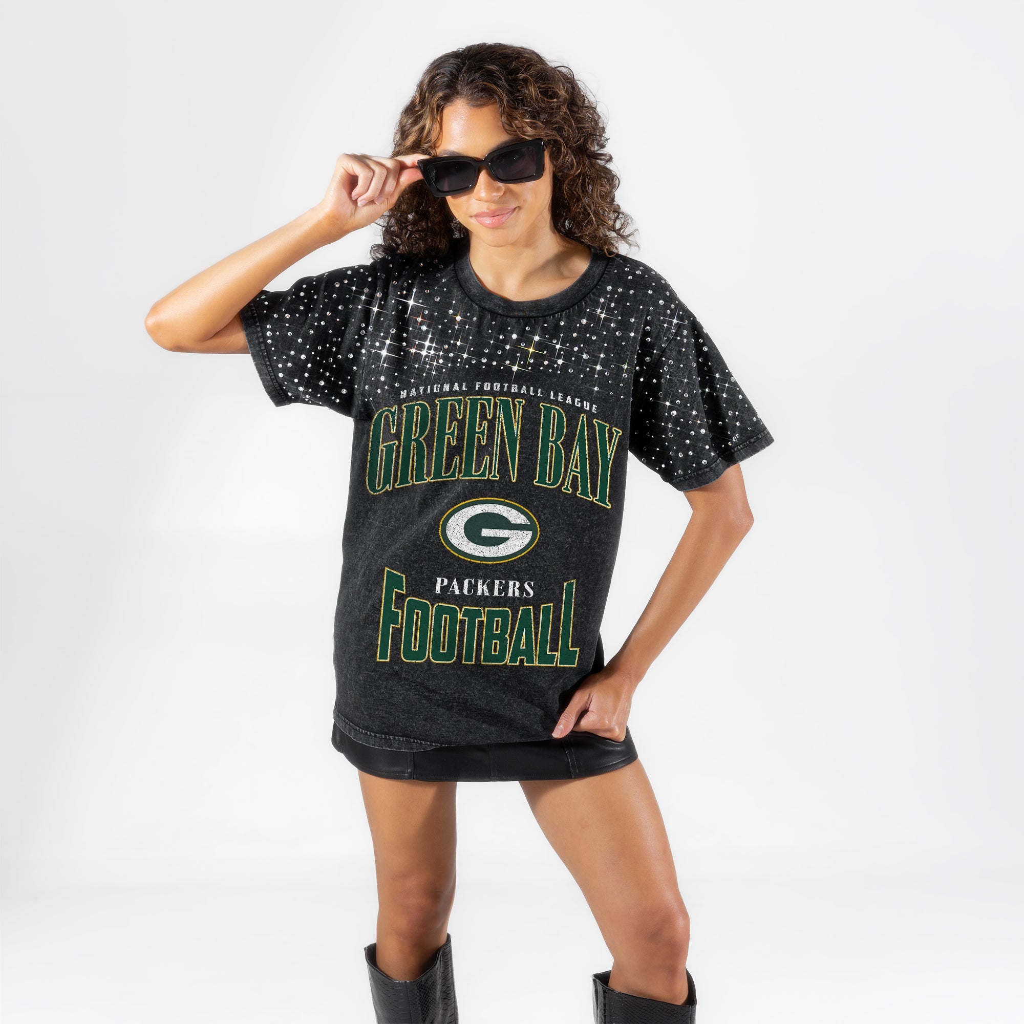 GREEN BAY PACKERS IN THE ZONE VINTAGE WASH RHINESTONE TEE