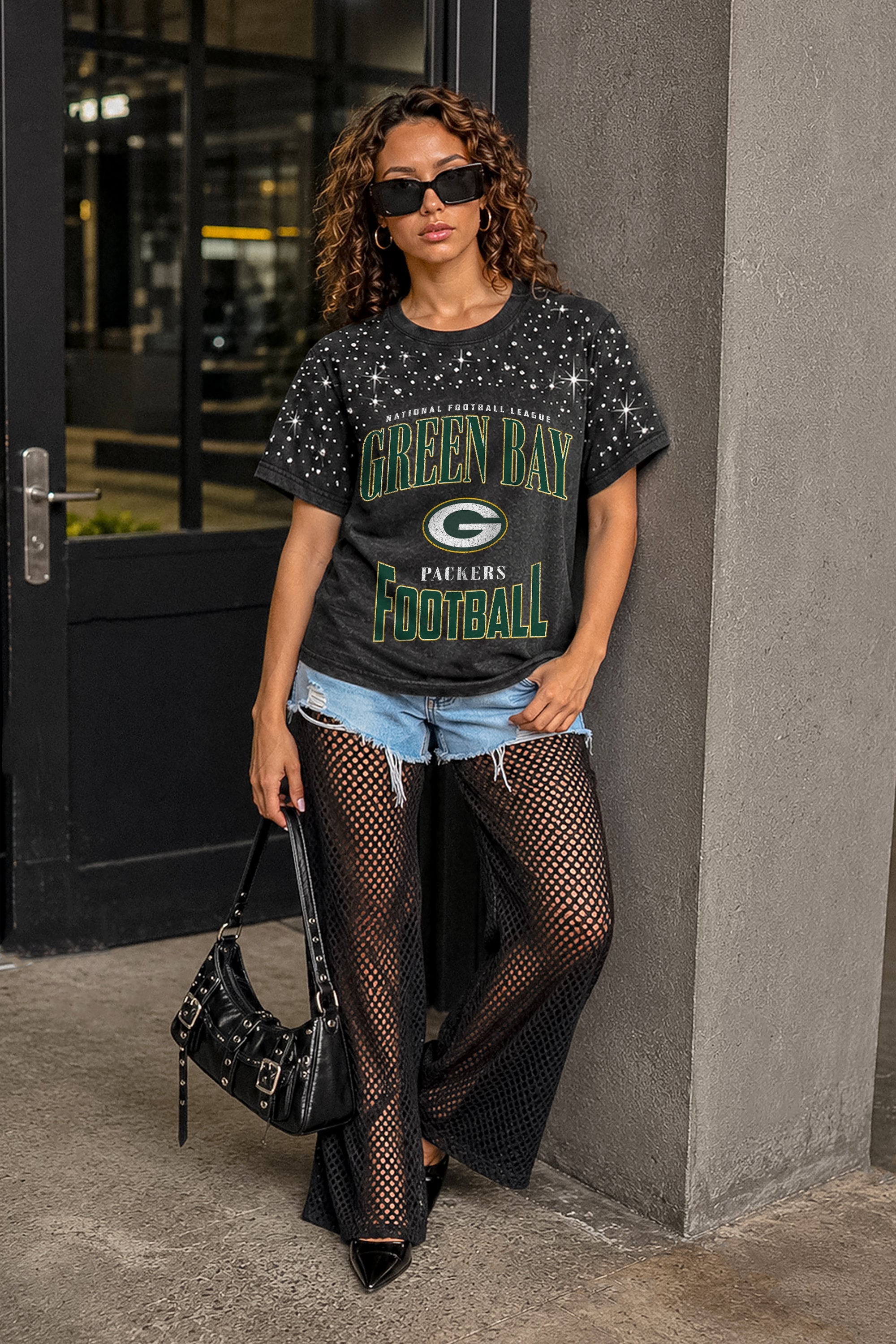 GREEN BAY PACKERS IN THE ZONE VINTAGE WASH RHINESTONE TEE