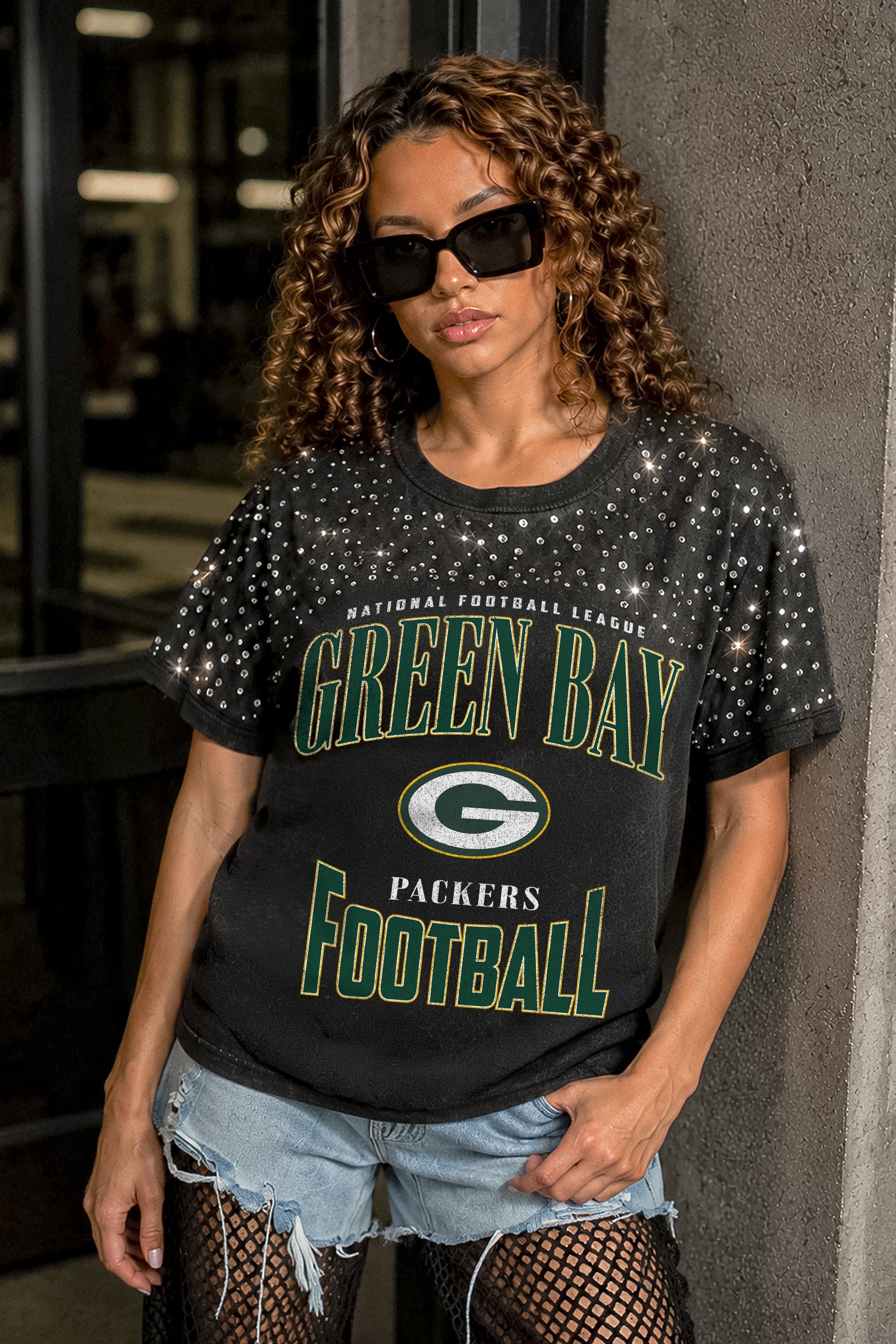 GREEN BAY PACKERS IN THE ZONE VINTAGE WASH RHINESTONE TEE
