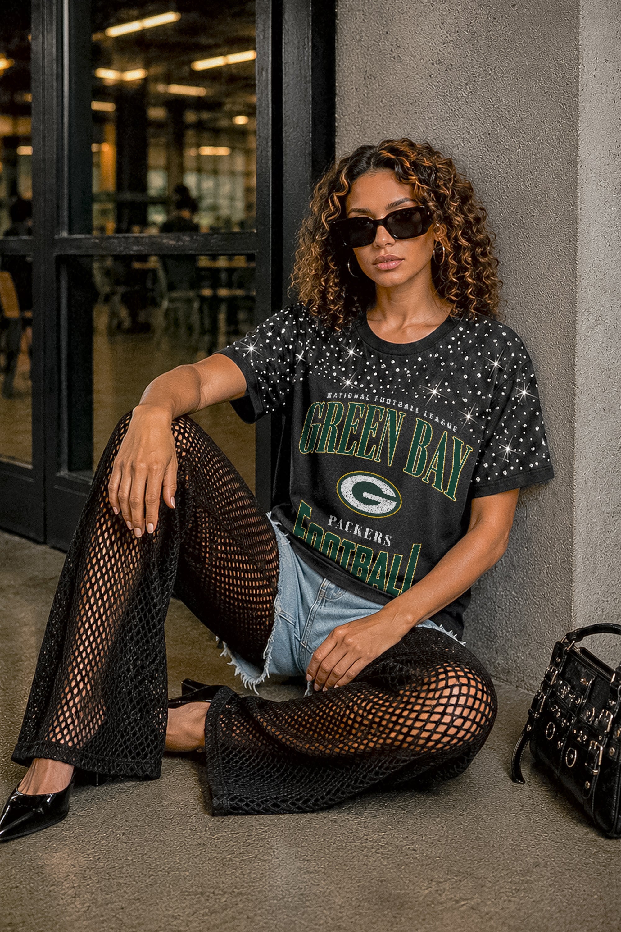 GREEN BAY PACKERS IN THE ZONE VINTAGE WASH RHINESTONE TEE