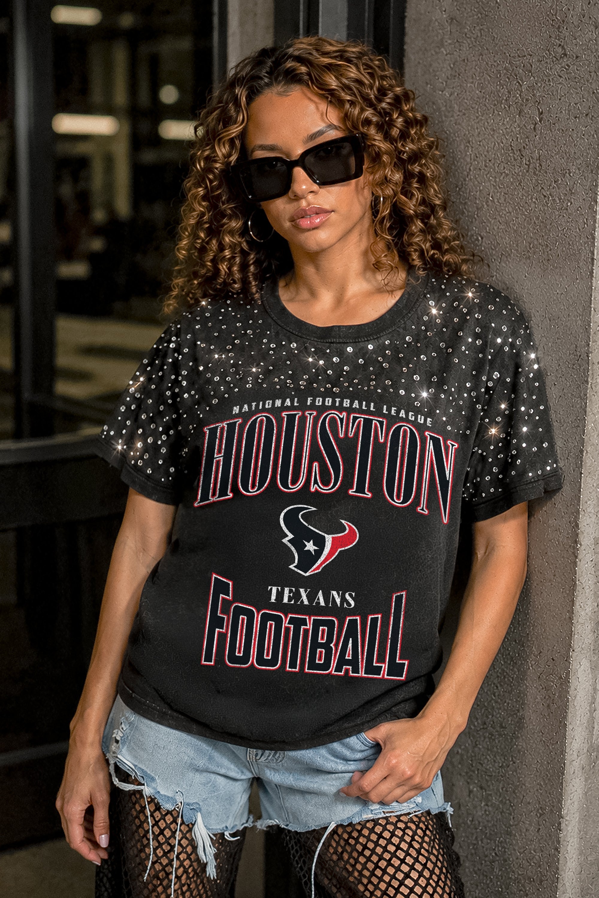 HOUSTON TEXANS IN THE ZONE VINTAGE WASH RHINESTONE TEE