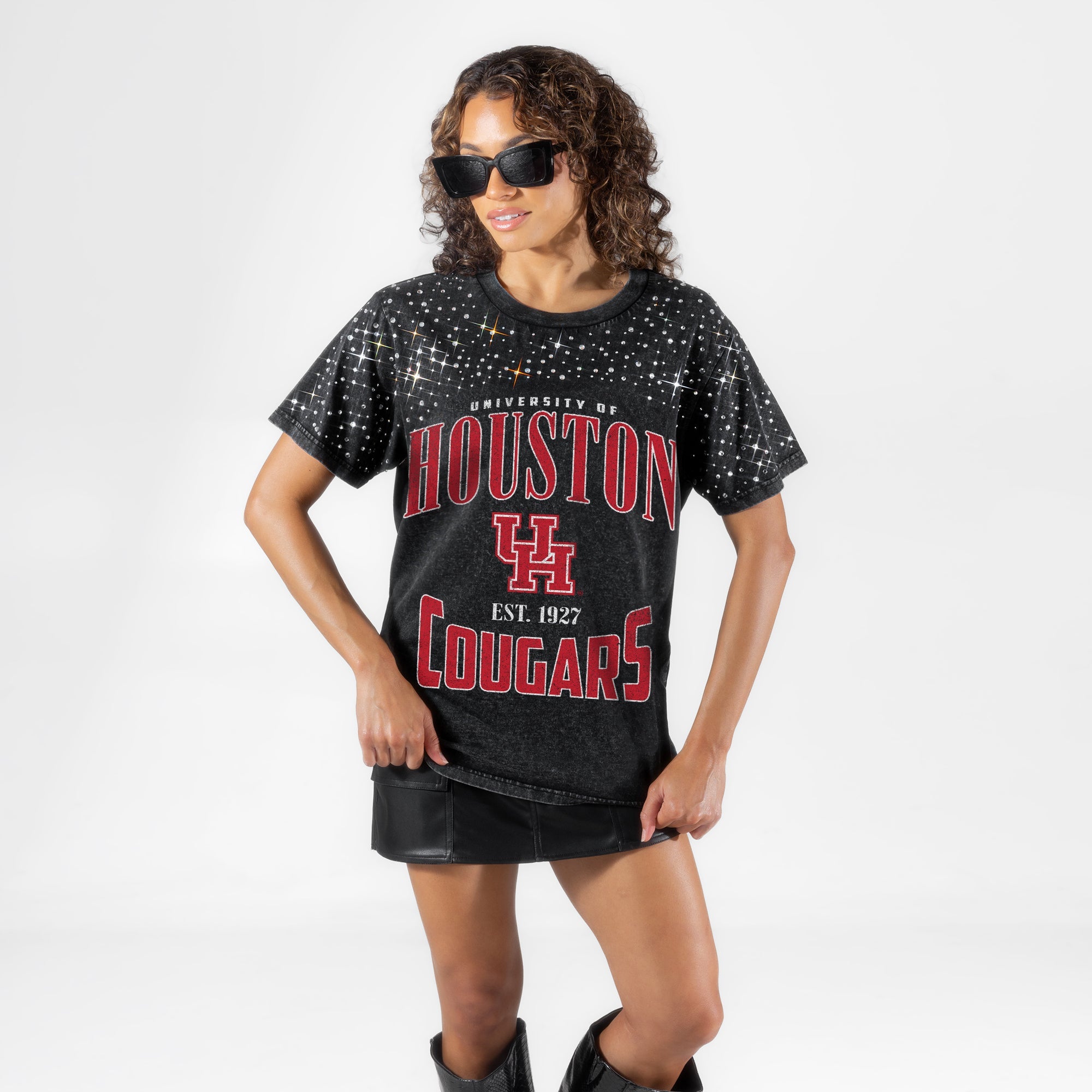 HOUSTON COUGARS IN THE ZONE VINTAGE WASH RHINESTONE TEE